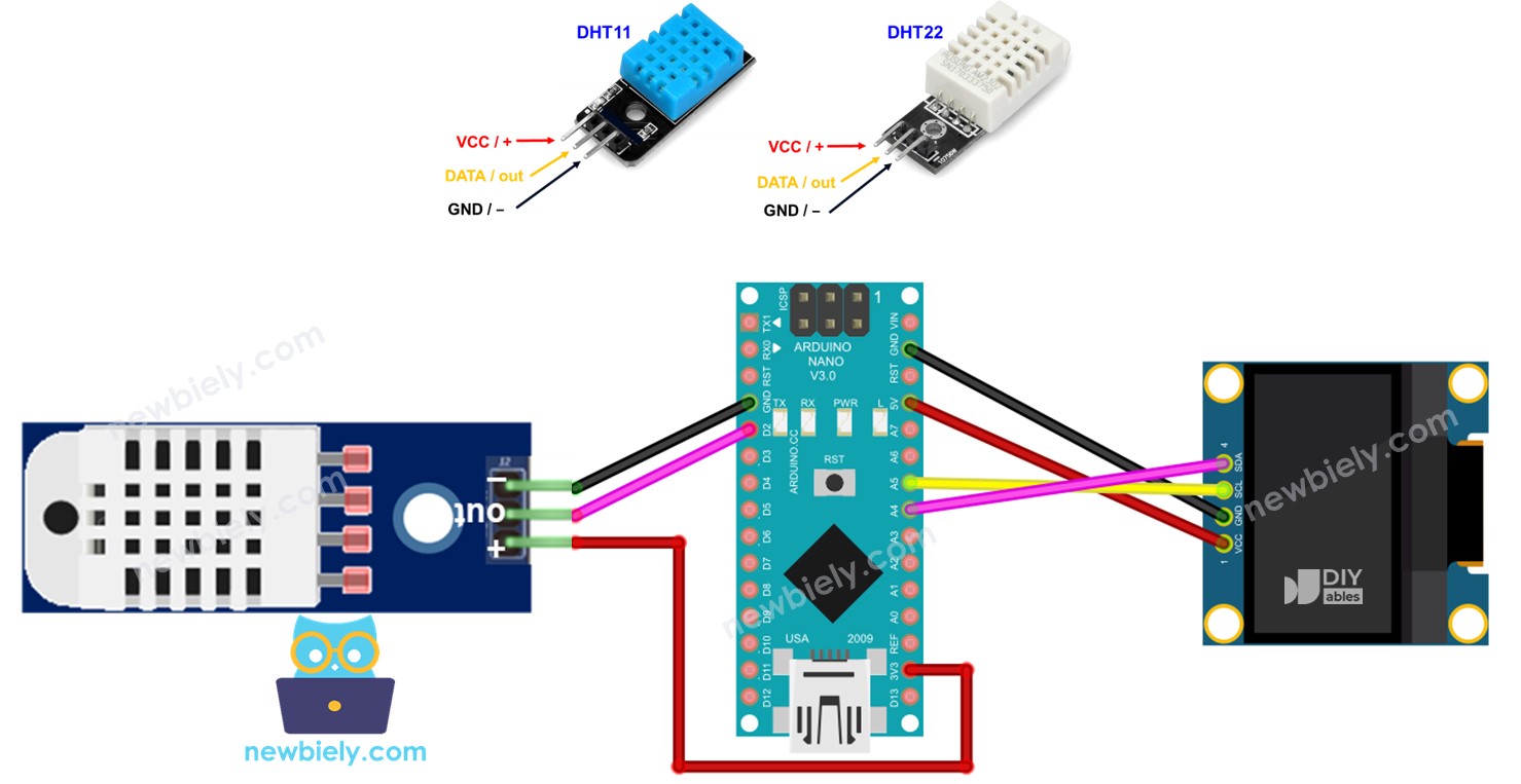 Arduino Nano DHT11/DHT22 temperature humidity sensor OLED display