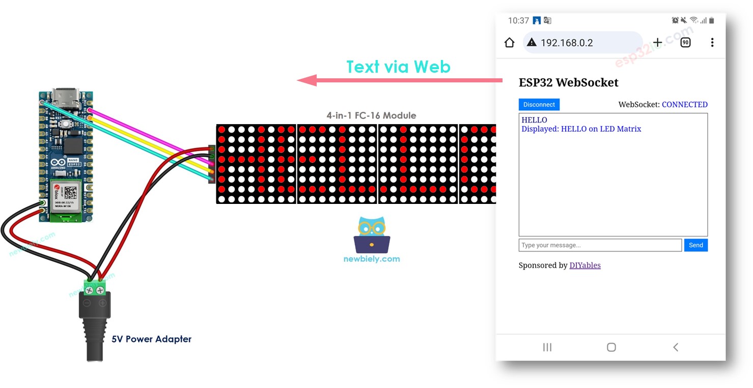 아두이노 나노 ESP32 controls LED matrix signboard via web