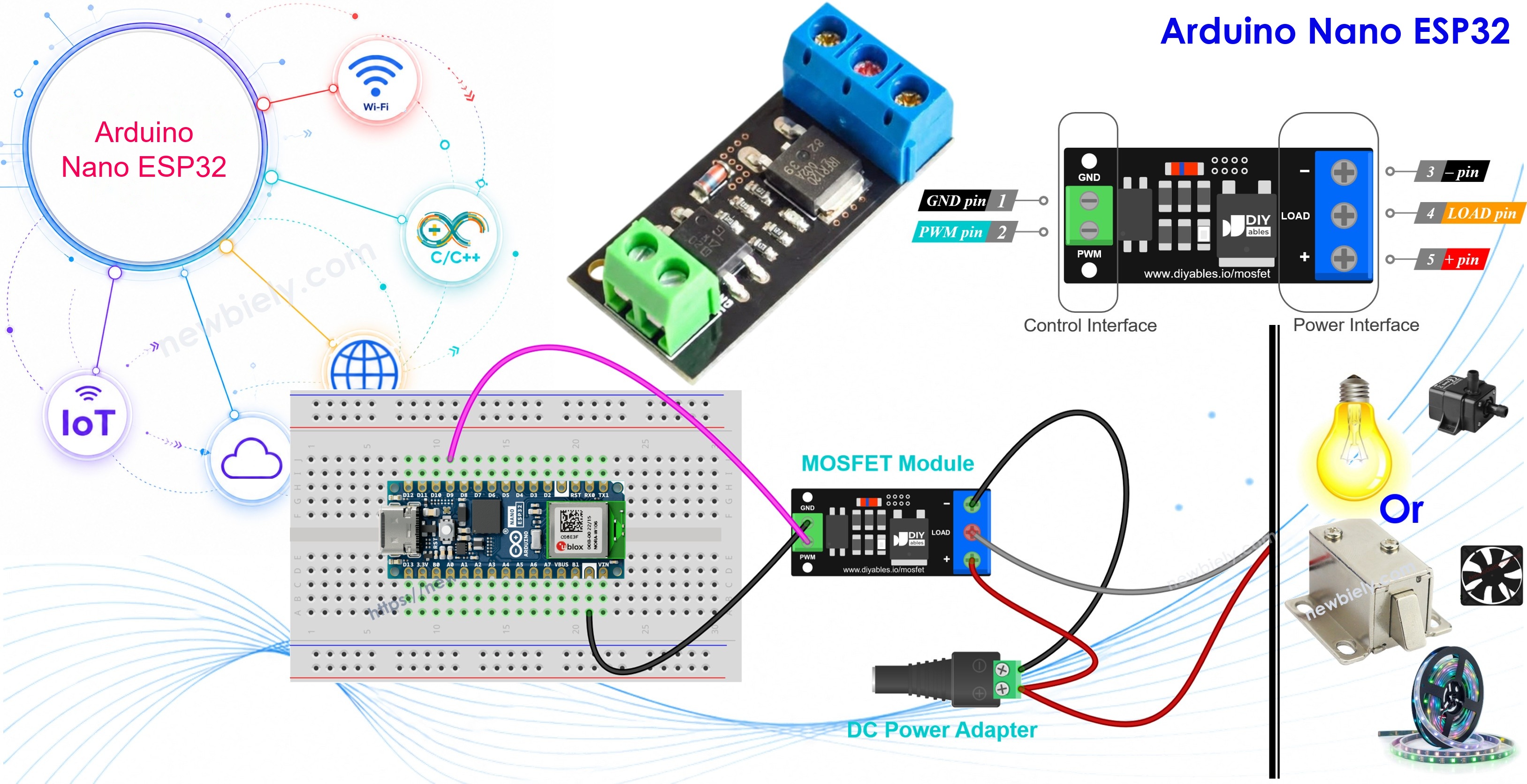 아두이노 나노 ESP32와 aod4184, lr7843 또는 fr120n mosfet 모듈