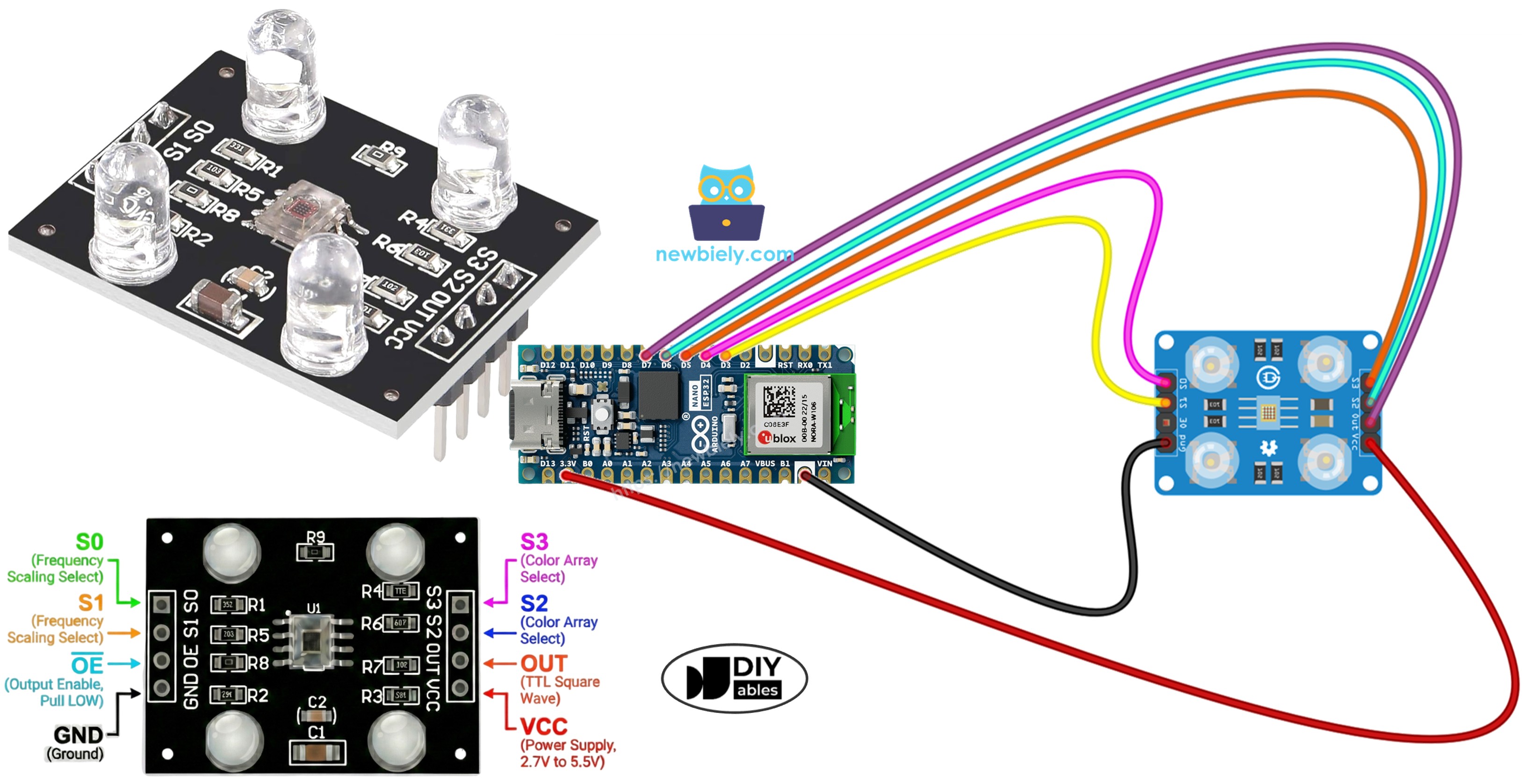아두이노 나노 ESP32와 tcs3200d tcs230 컬러 센서 모듈 튜토리얼