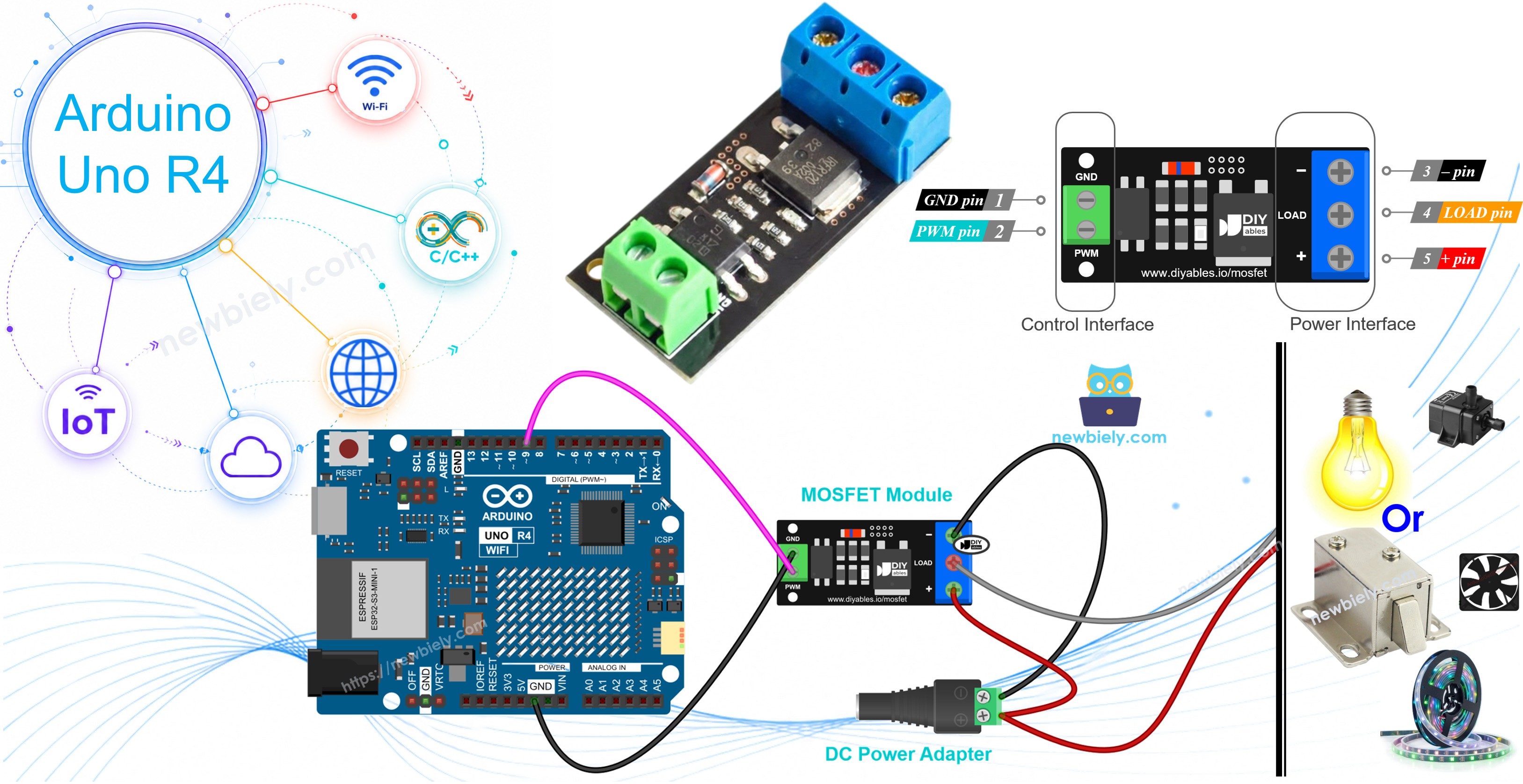 아두이노 우노 R4와 aod4184, lr7843 또는 fr120n mosfet 모듈