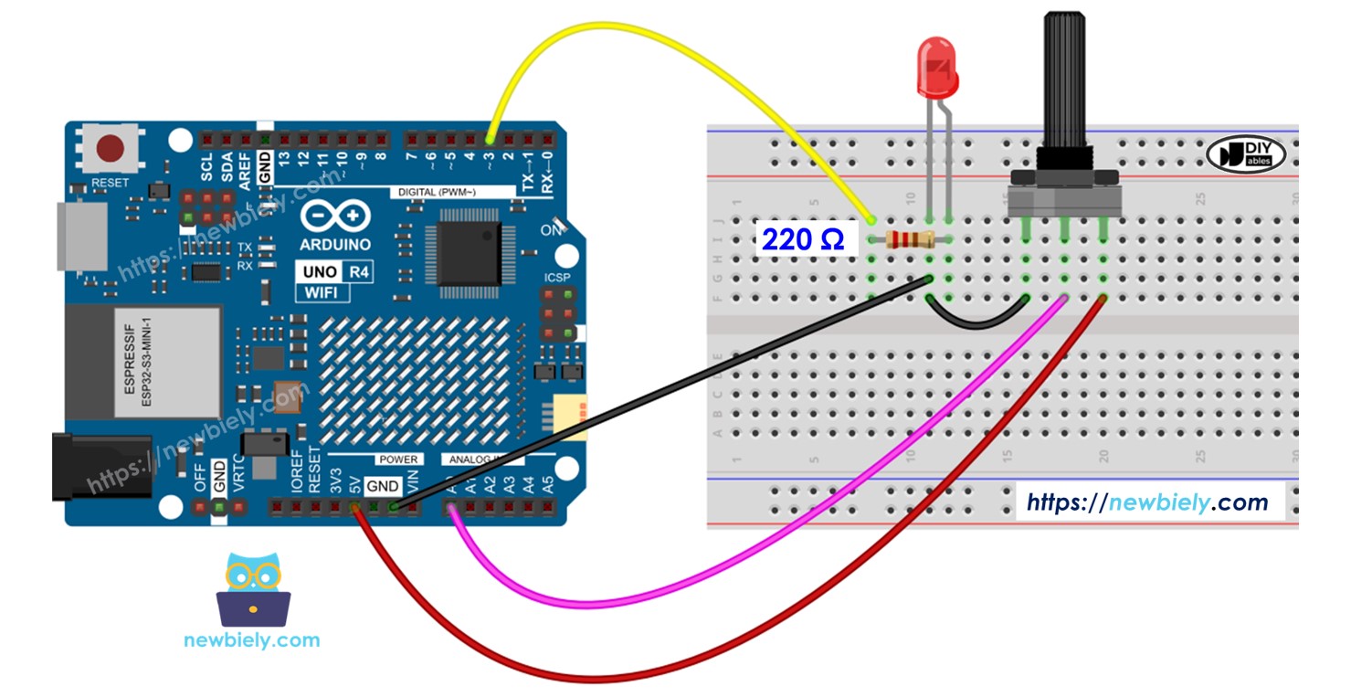 Arduino UNO R4 가변저항기 LED 페이드