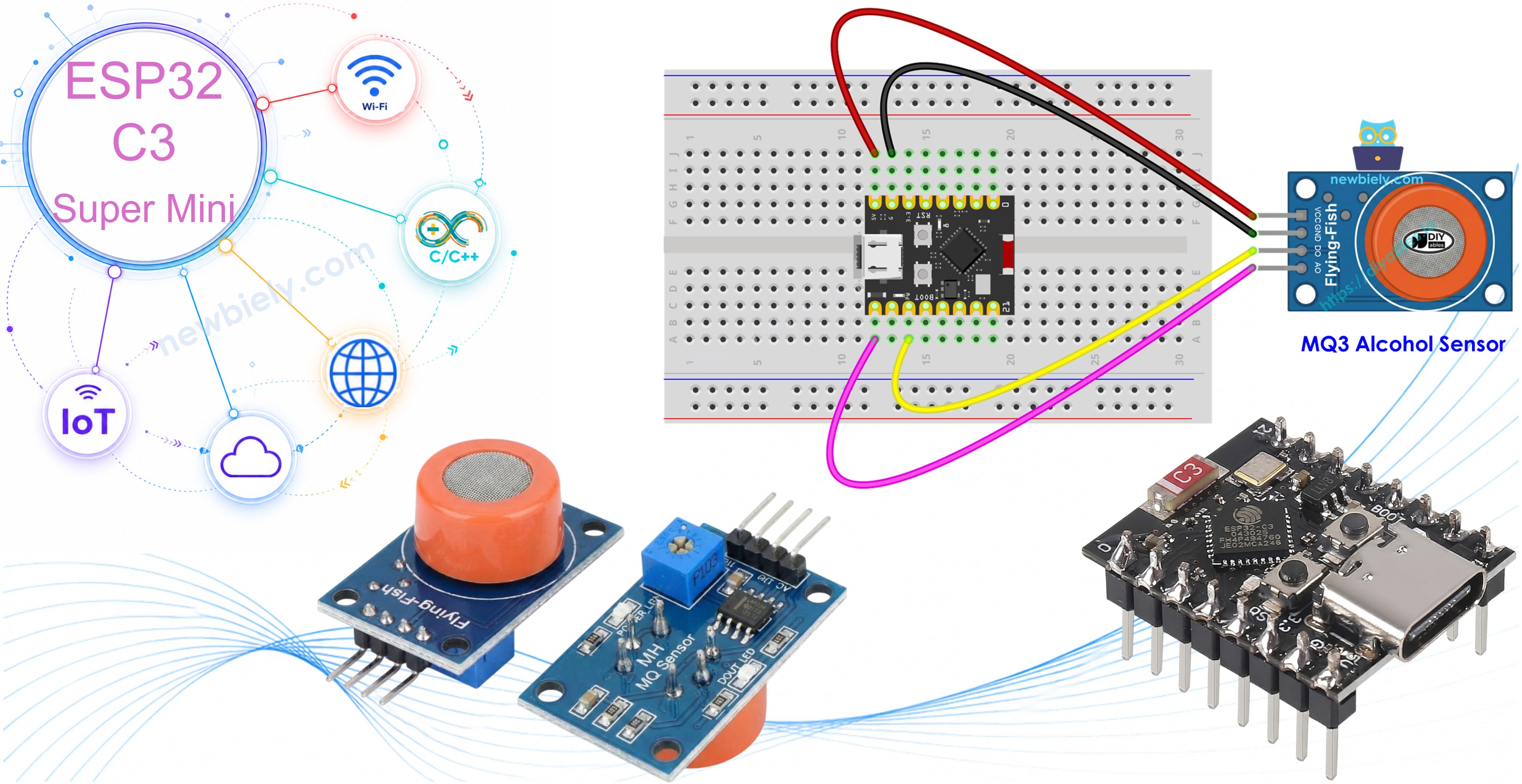 mq3 알코올 가스 센서 모듈이 있는 ESP32 C3 Super Mini