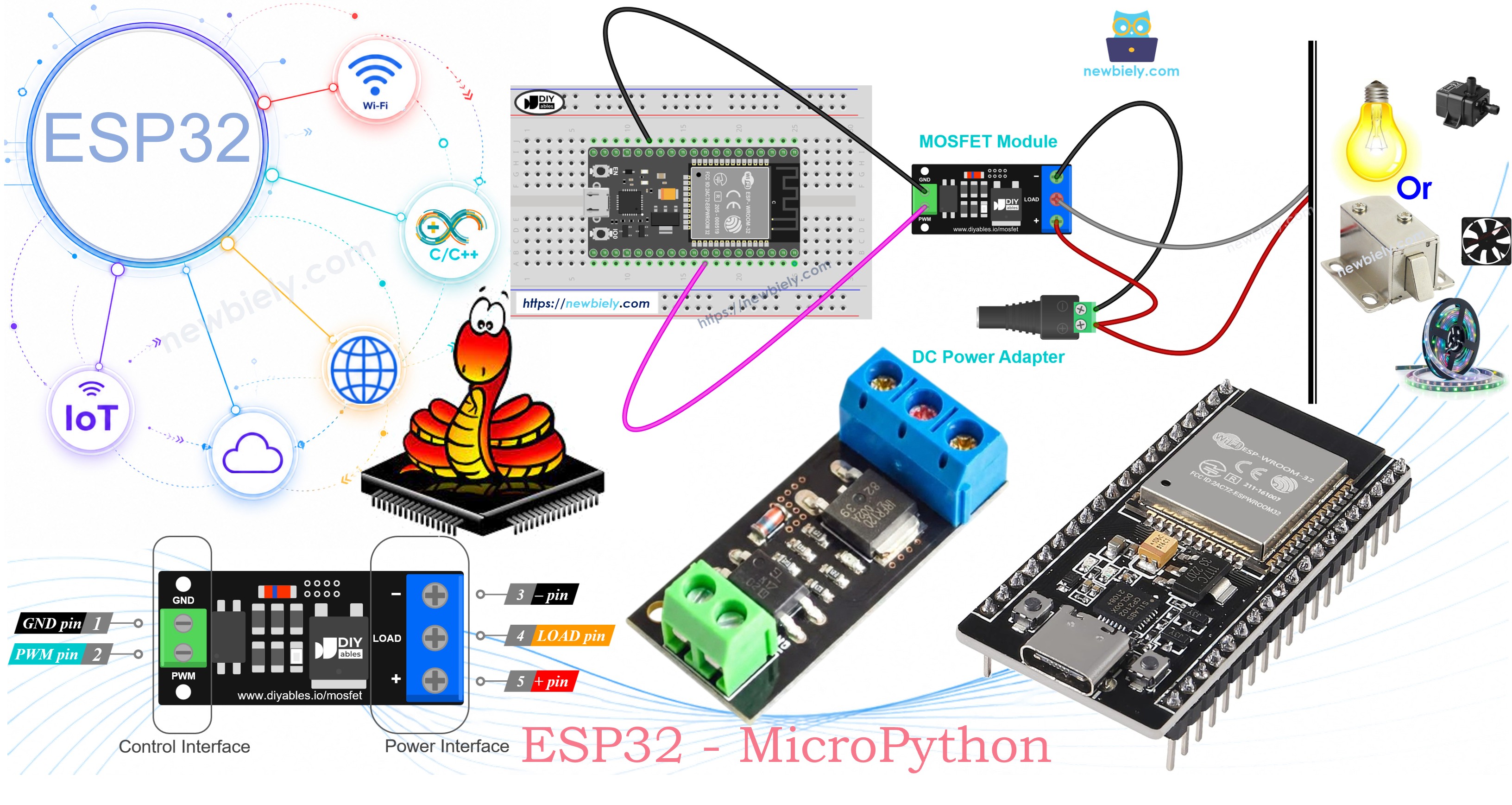 ESP32 마이크로파이썬과 aod4184, lr7843 또는 fr120n mosfet 모듈