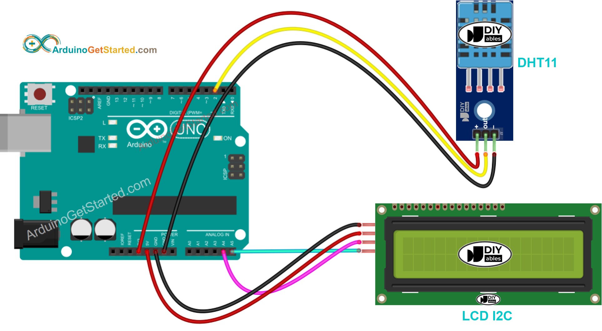 Arduino DHT11 temperature and humidity LCD Wiring Diagram