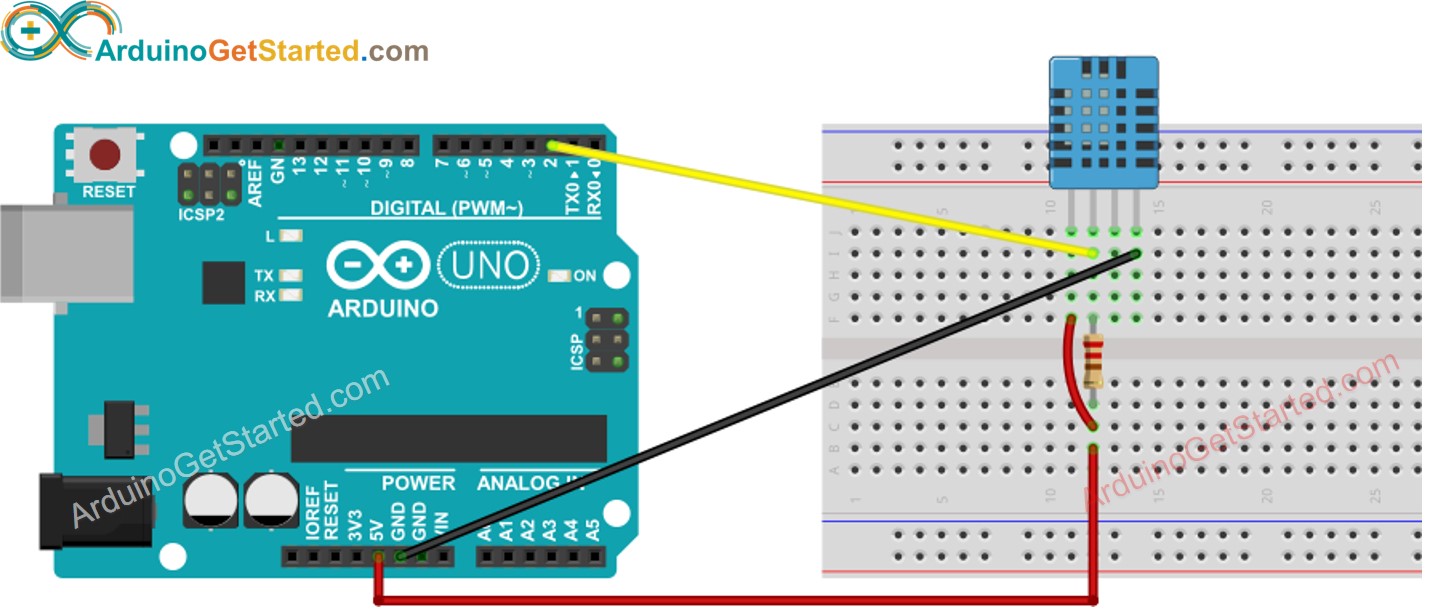 Arduino DHT11 Temperature and humidity Sensor Wiring Diagram