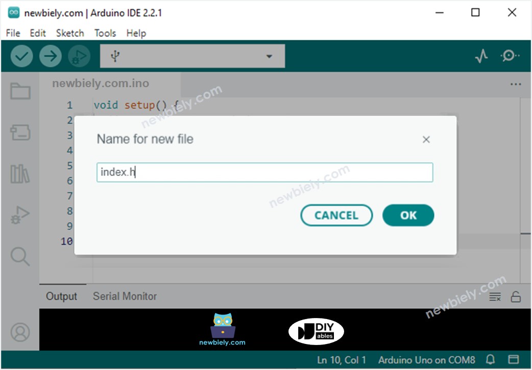 Arduino IDE 2는 파일 index.h를 추가합니다.