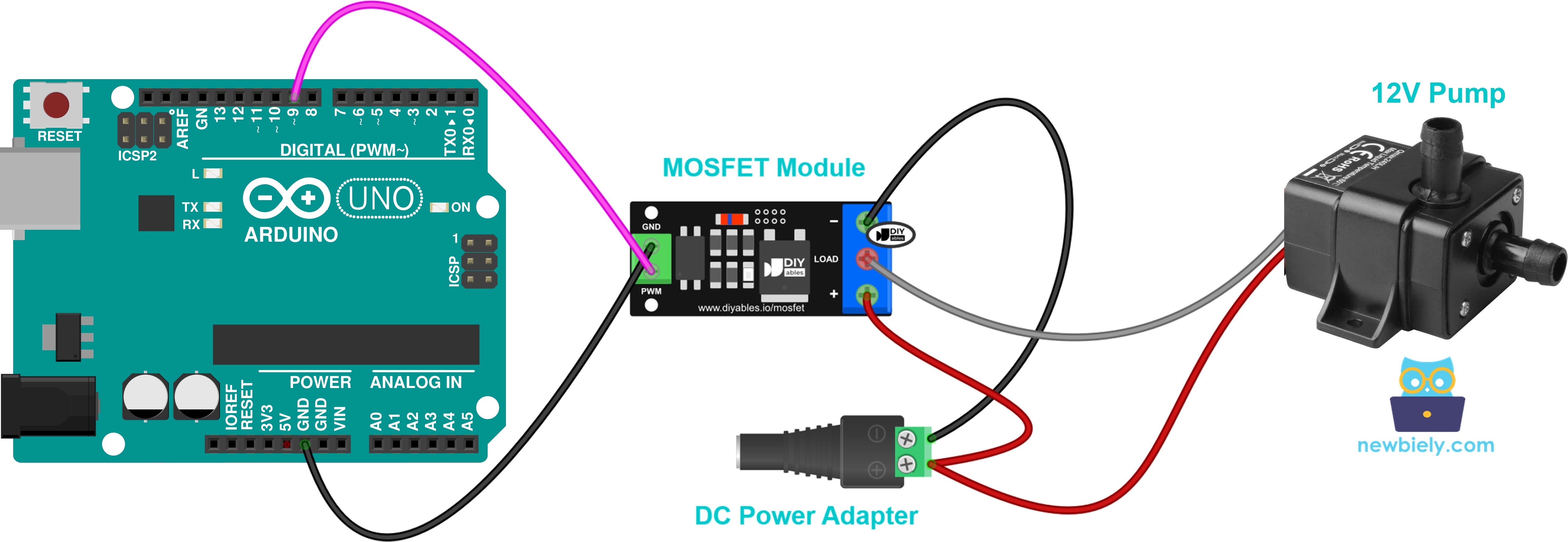 12v 워터 펌프를 mosfet 모듈에 연결하는 배선