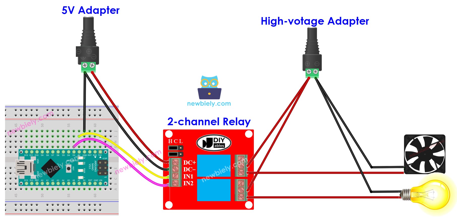 Arduino Nano 2-channel relay module external power source wiring diagram