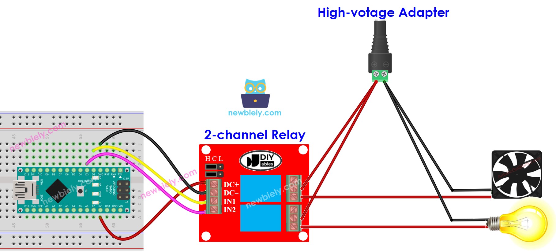 Arduino Nano 2-channel relay module wiring diagram