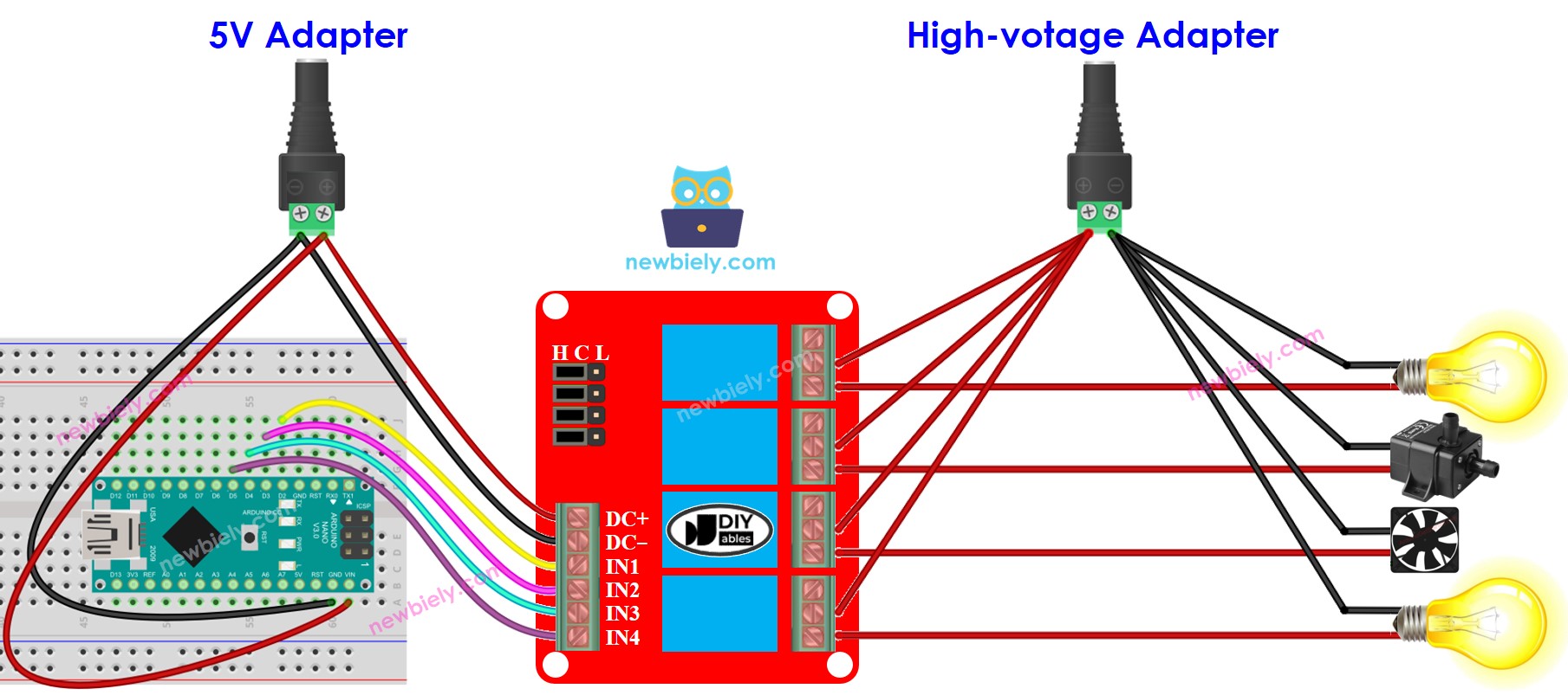 Arduino Nano 4-channel relay module wiring diagram two power source