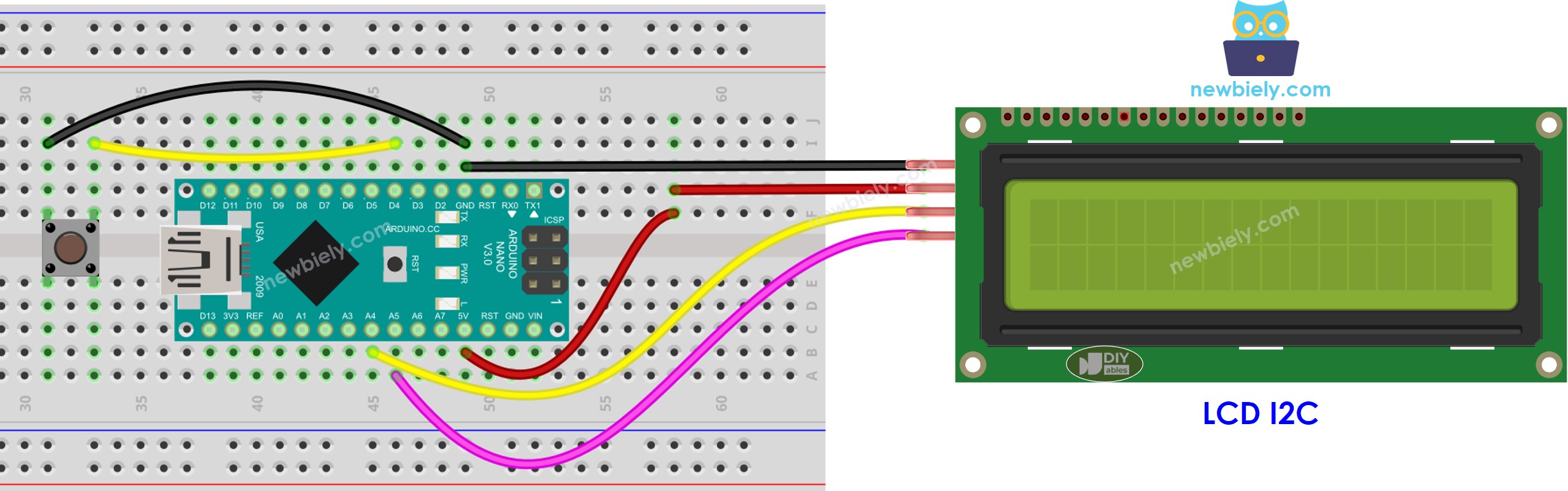 Arduino Nano Button LCD I2C wiring diagram