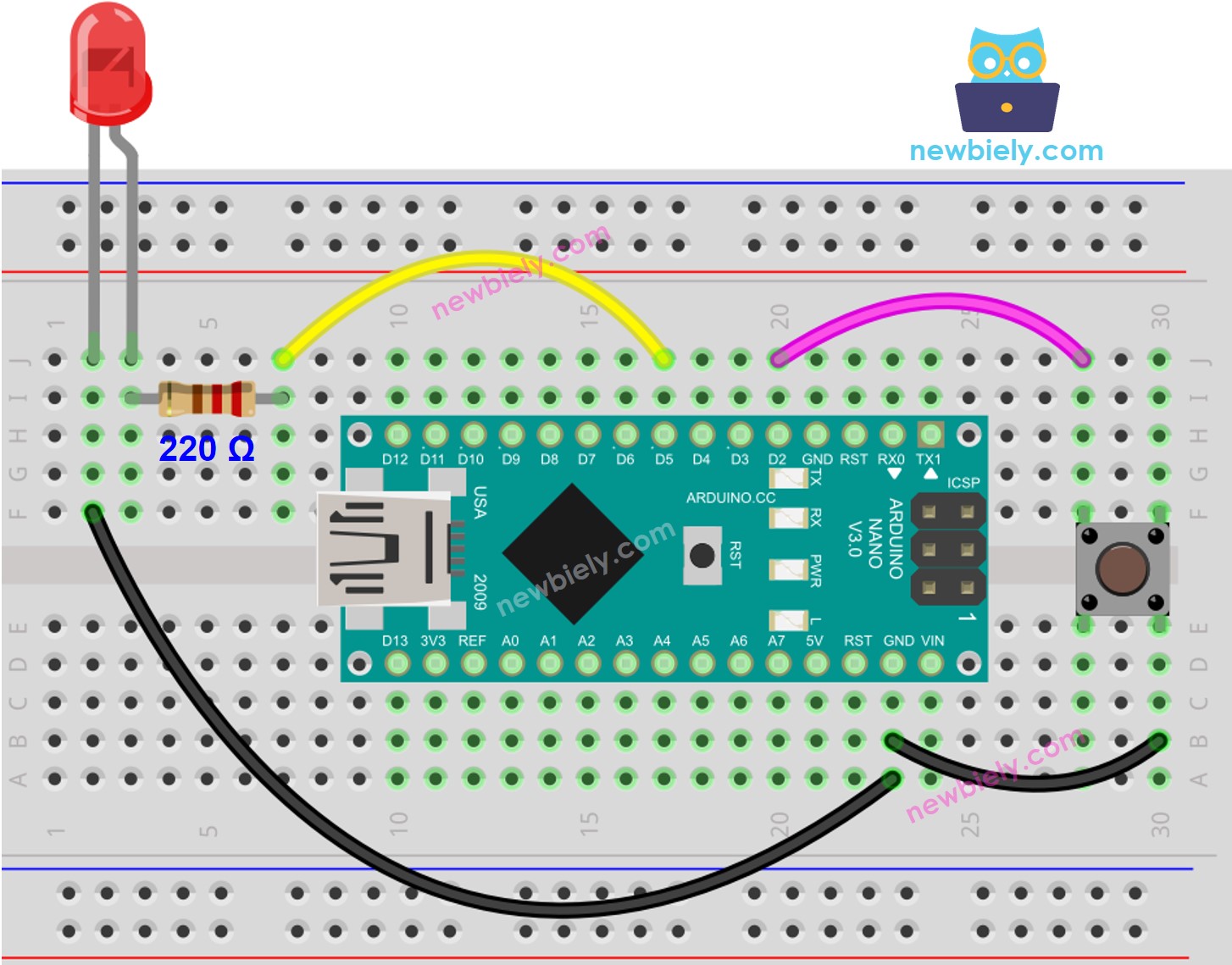 Arduino Nano Button LED wiring diagram