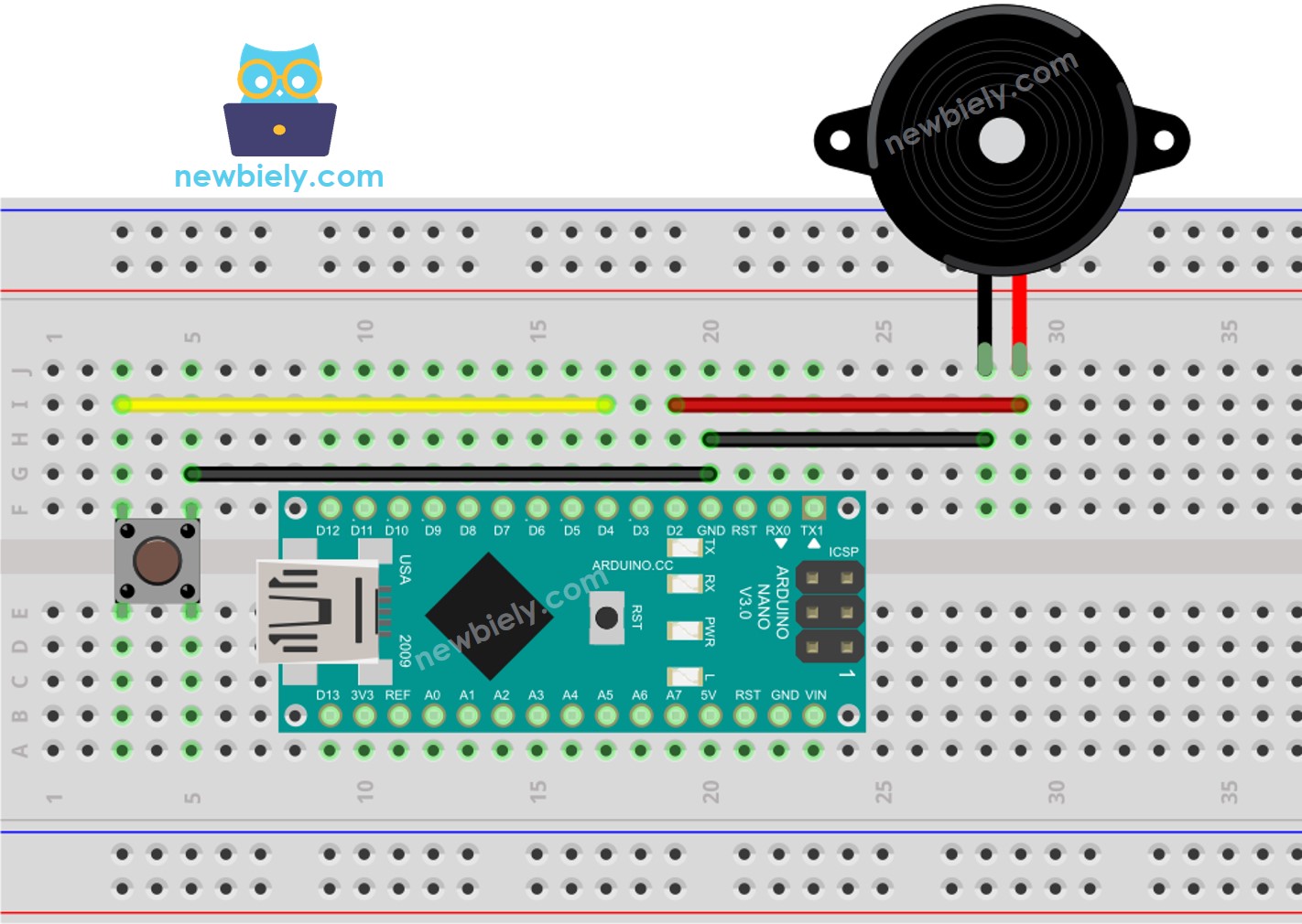 Arduino Nano Button Piezo Buzzer wiring diagram