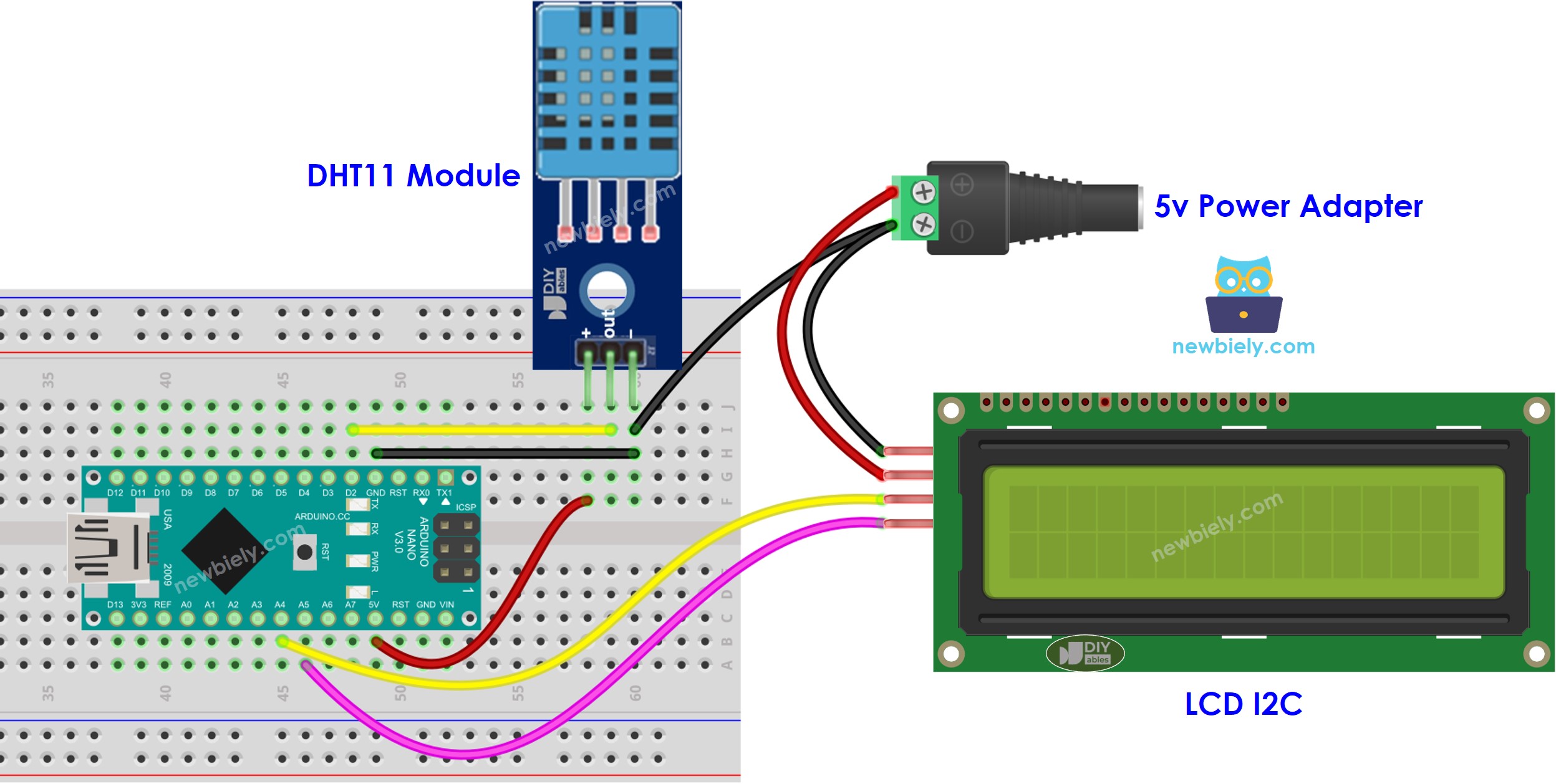 Arduino Nano DHT11 temperature humidity LCD external power wiring diagram