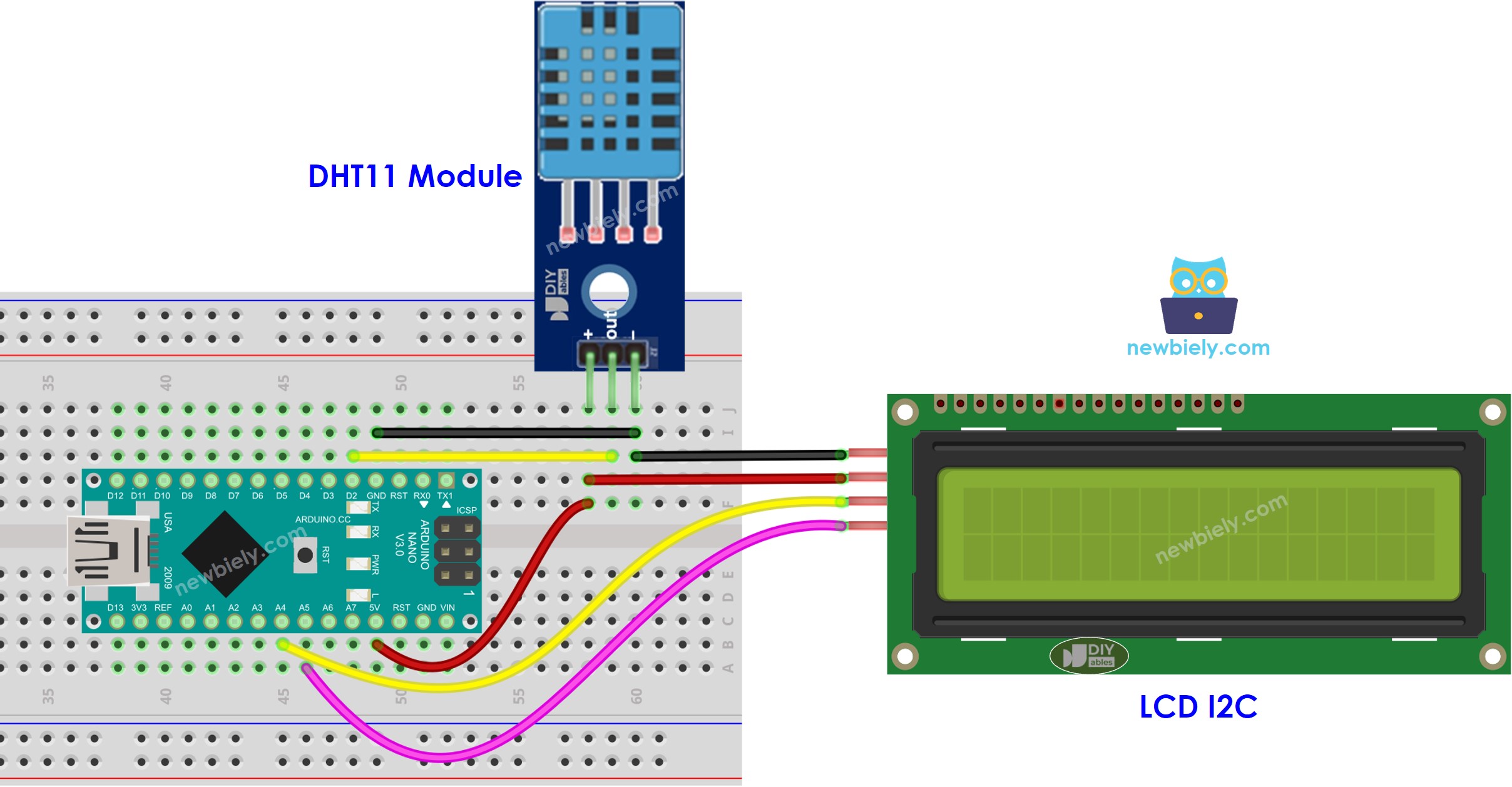 Arduino Nano DHT11 temperature and humidity LCD wiring diagram