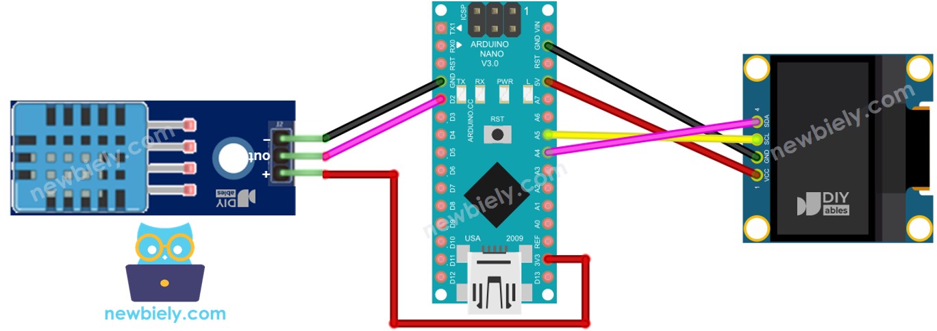 Arduino Nano DHT11 Sensor OLED wiring diagram