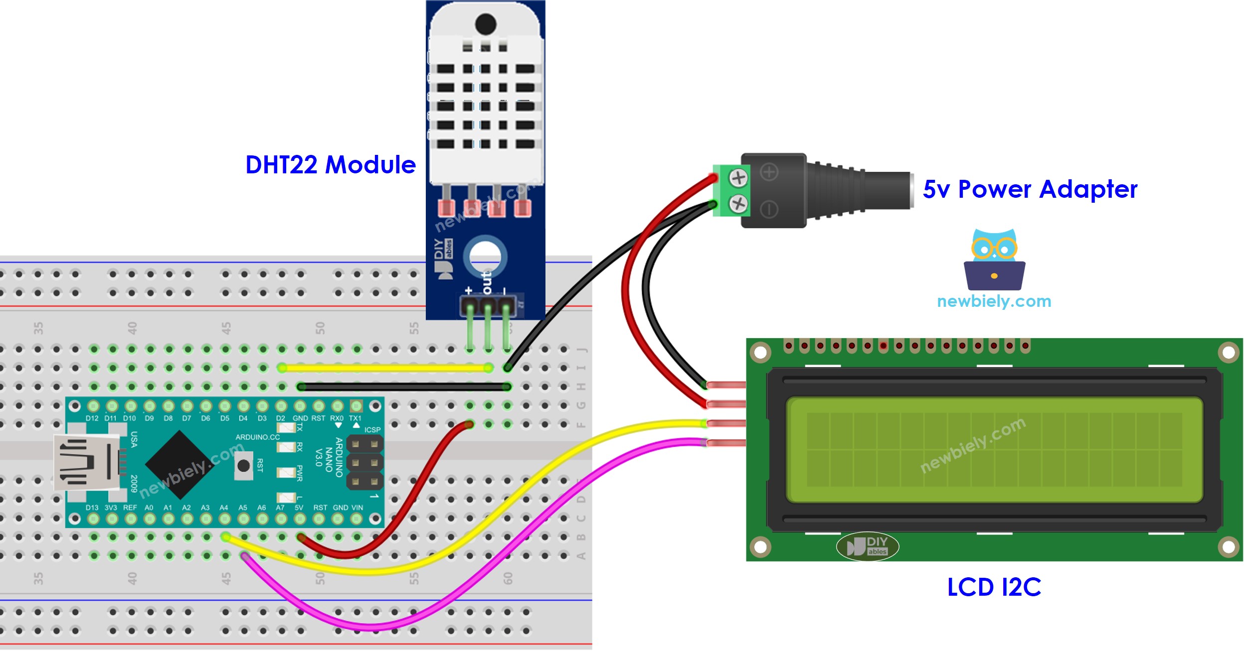 Arduino Nano DHT22 temperature humidity LCD external power wiring diagram