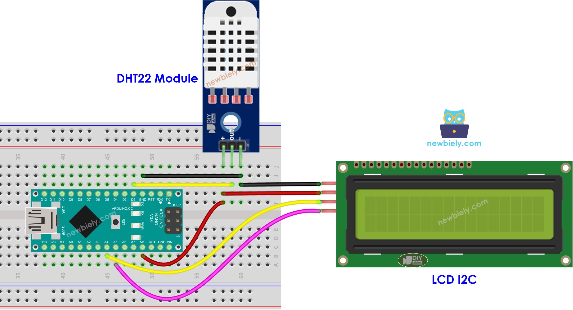 Arduino Nano DHT22 temperature and humidity LCD wiring diagram