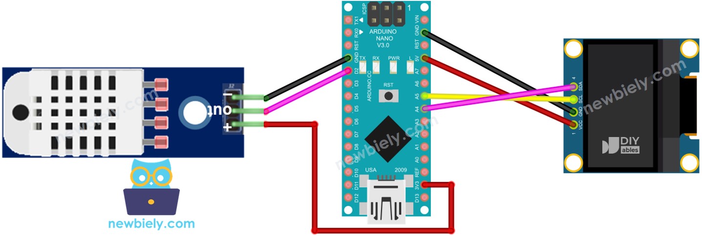 Arduino Nano DHT22 Sensor OLED wiring diagram