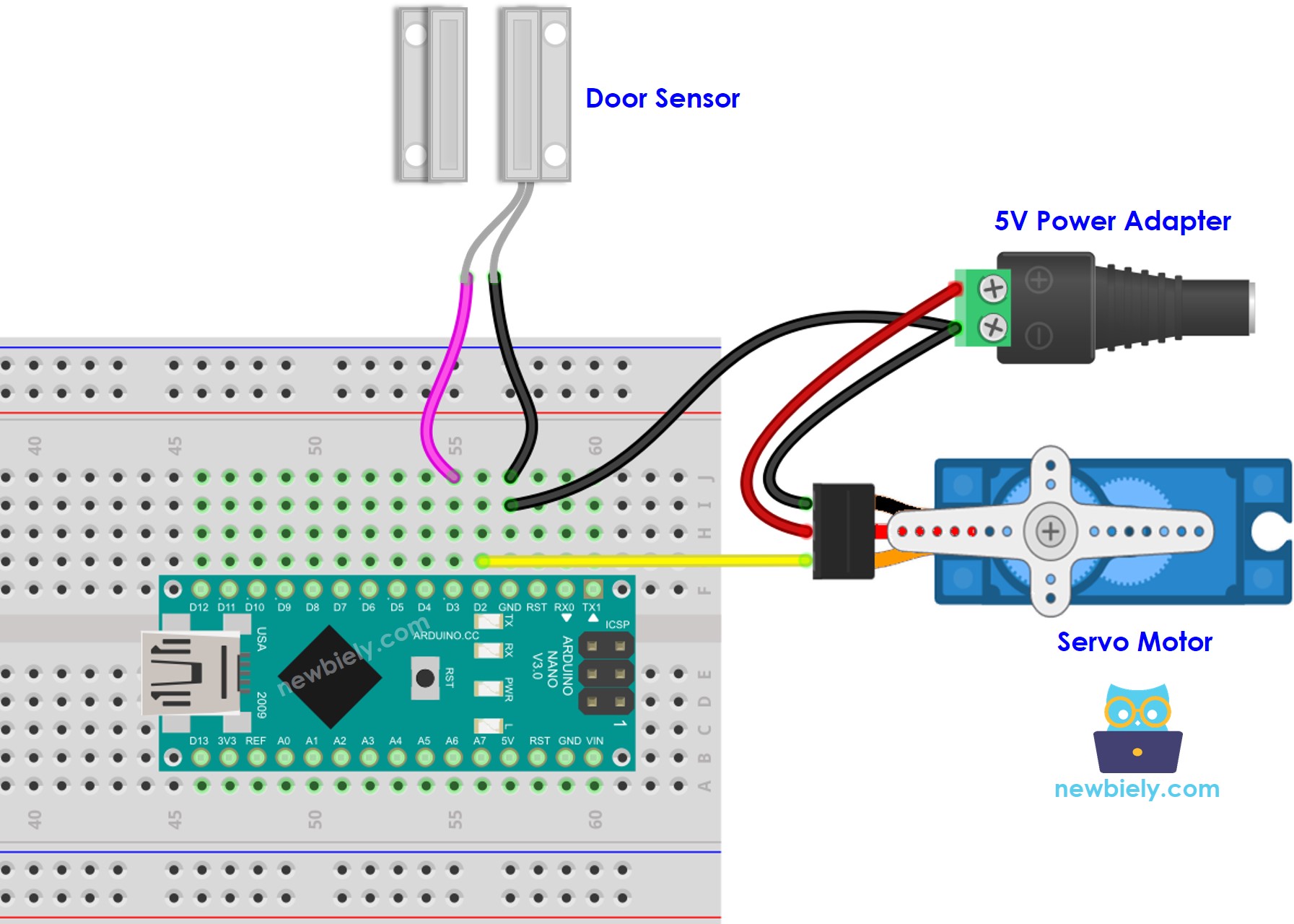 Arduino Nano door sensor servo motor external power wiring diagram