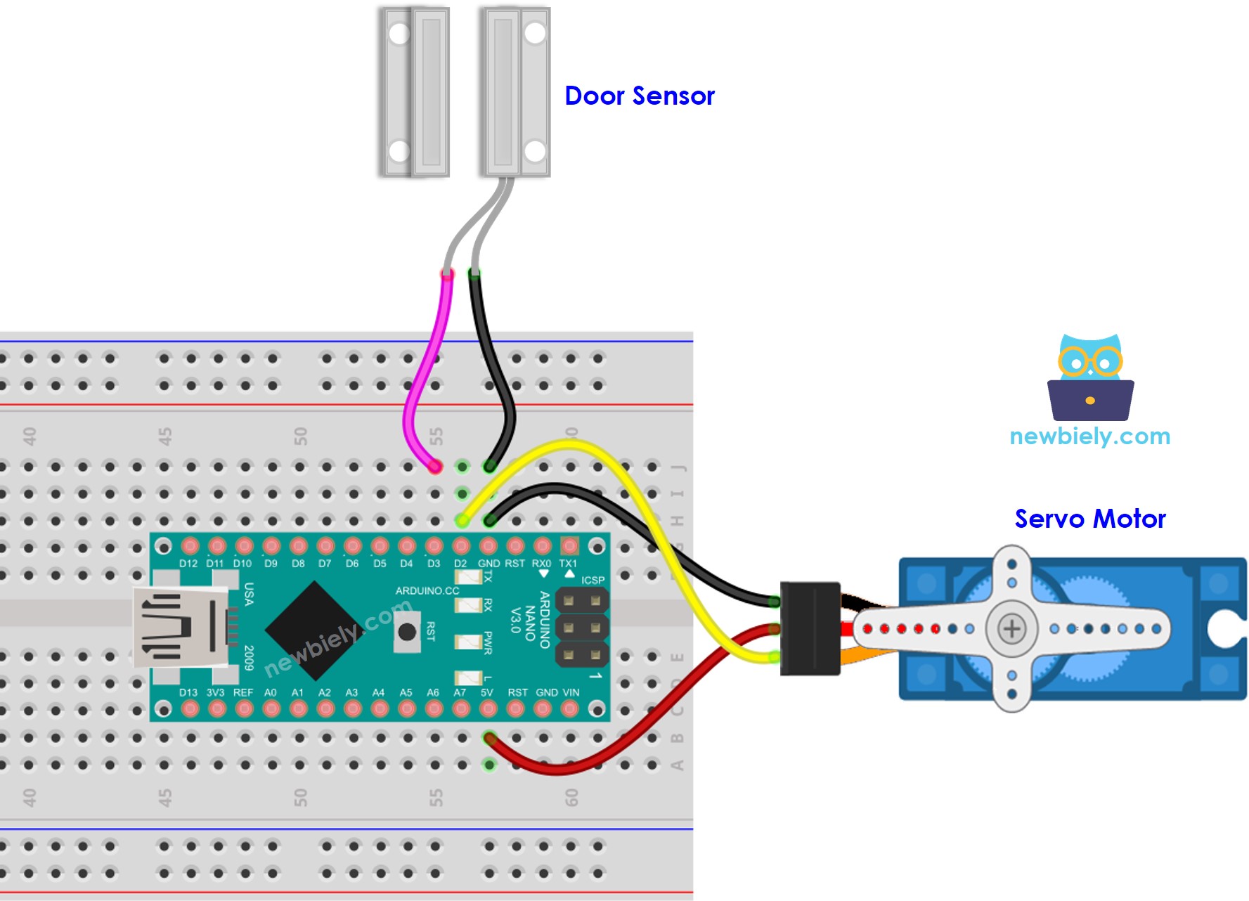 Arduino Nano door sensor servo motor wiring diagram