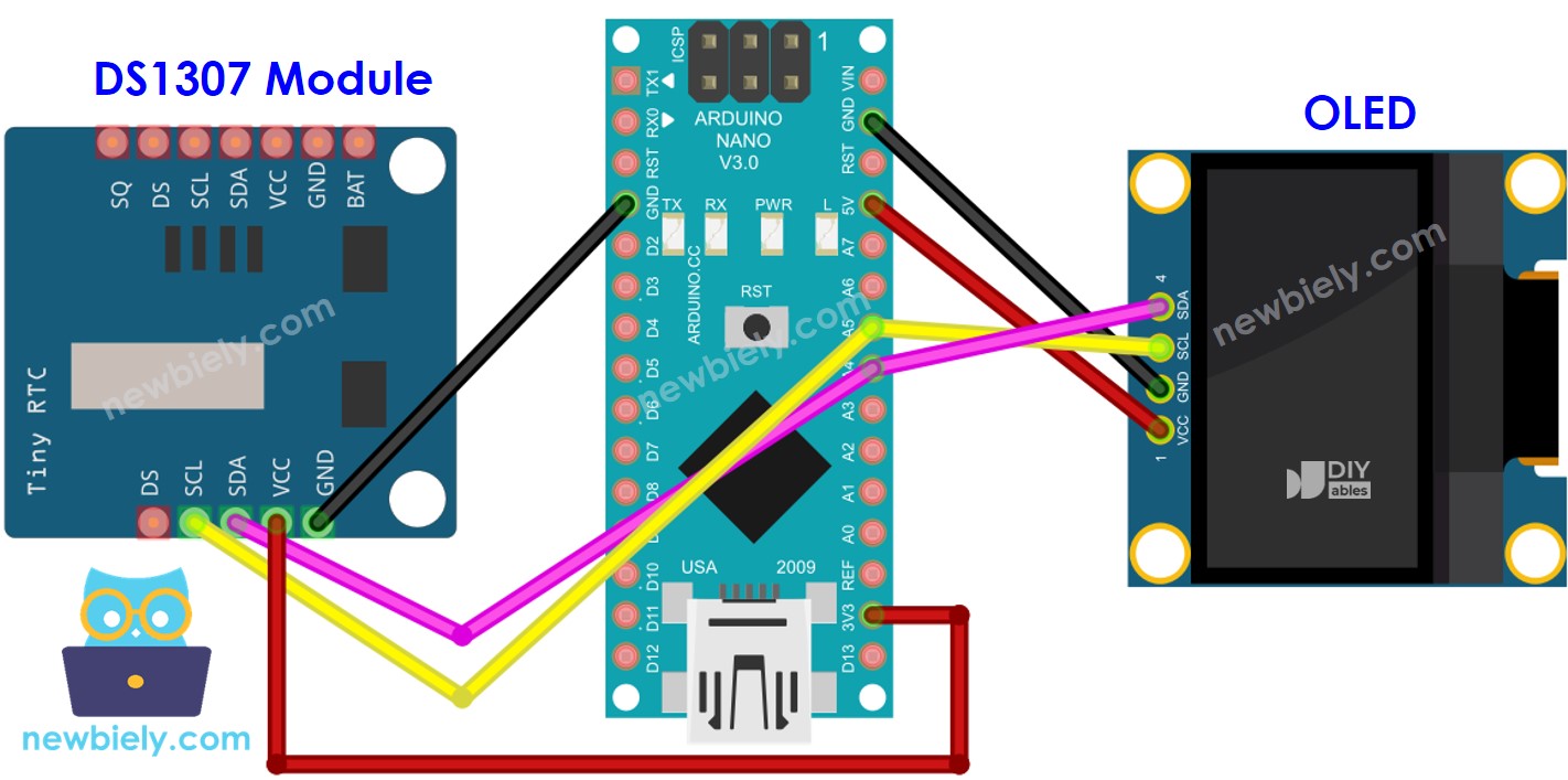 Arduino Nano DS1307 OLED wiring diagram