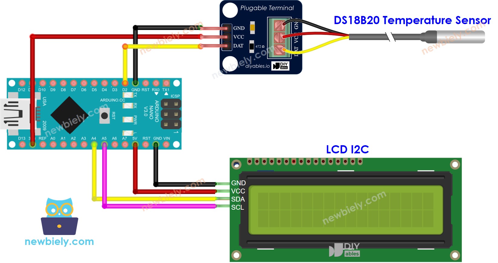 Arduino Nano DS18B20 Temperature Sensor LCD wiring diagram