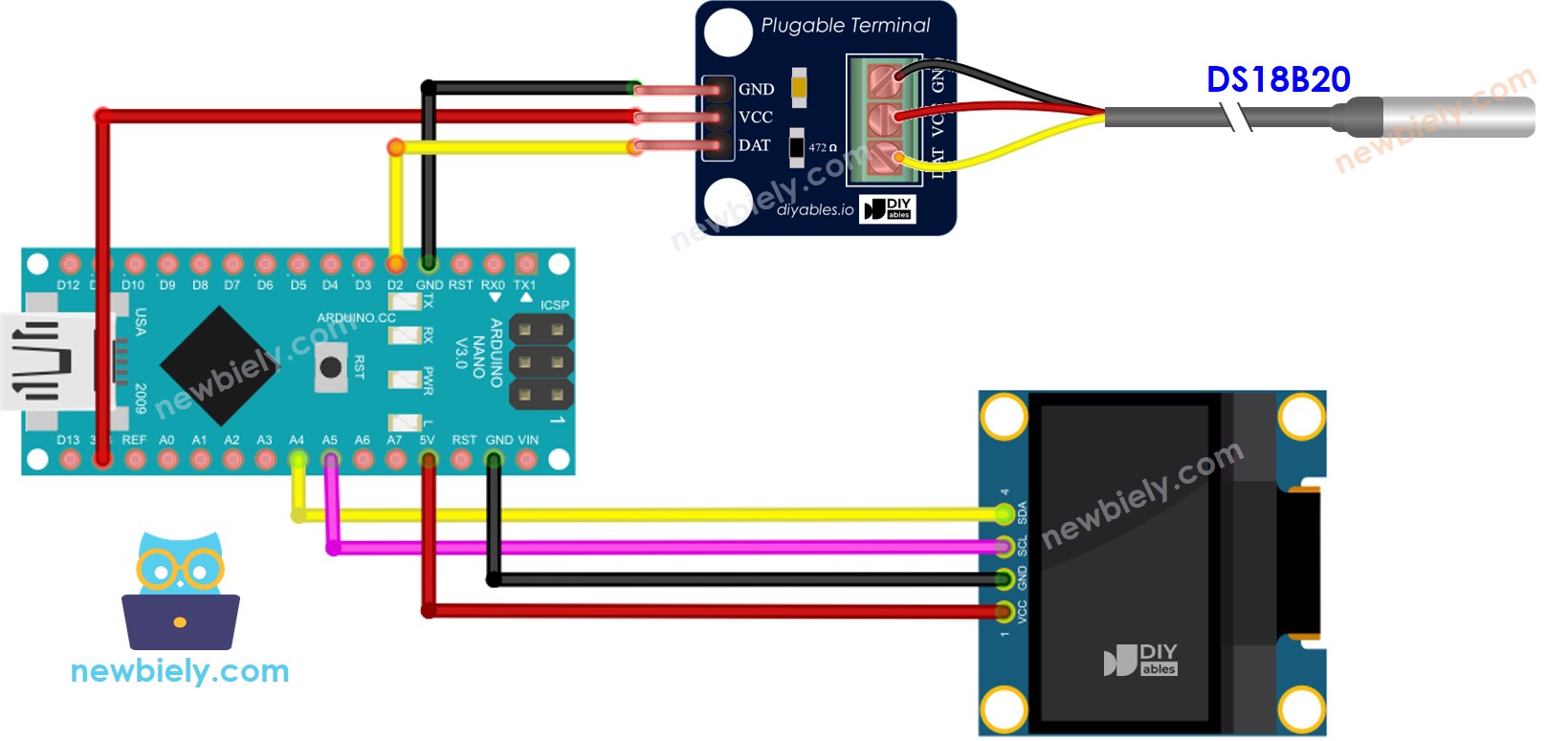 Arduino Nano DS18B20 Temperature Sensor OLED wiring diagram