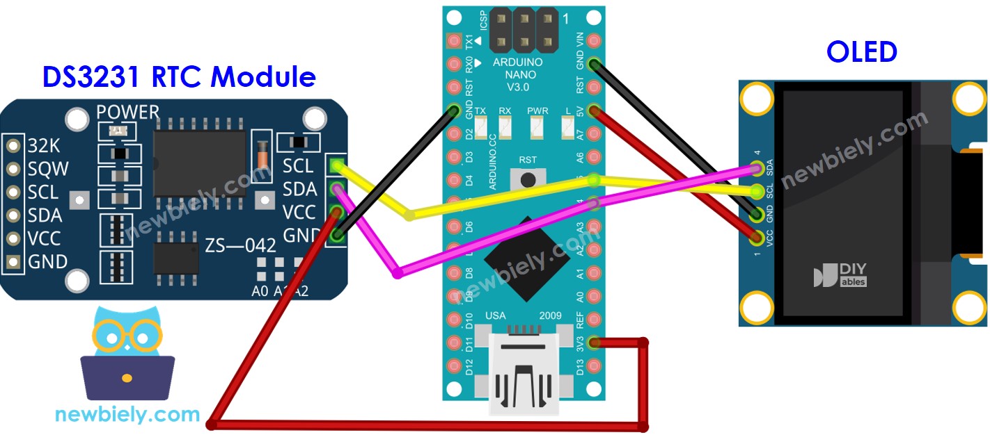 Arduino Nano DS3231 OLED wiring diagram