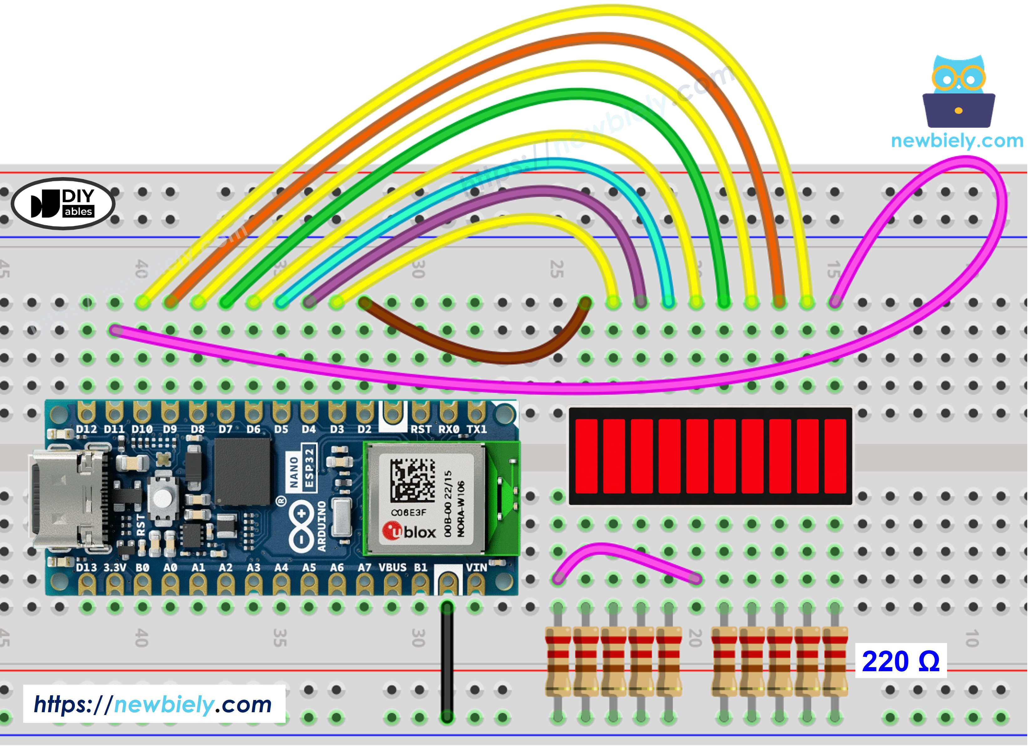 10 세그먼트 LED 바 그래프와 아두이노 나노 ESP32의 배선도