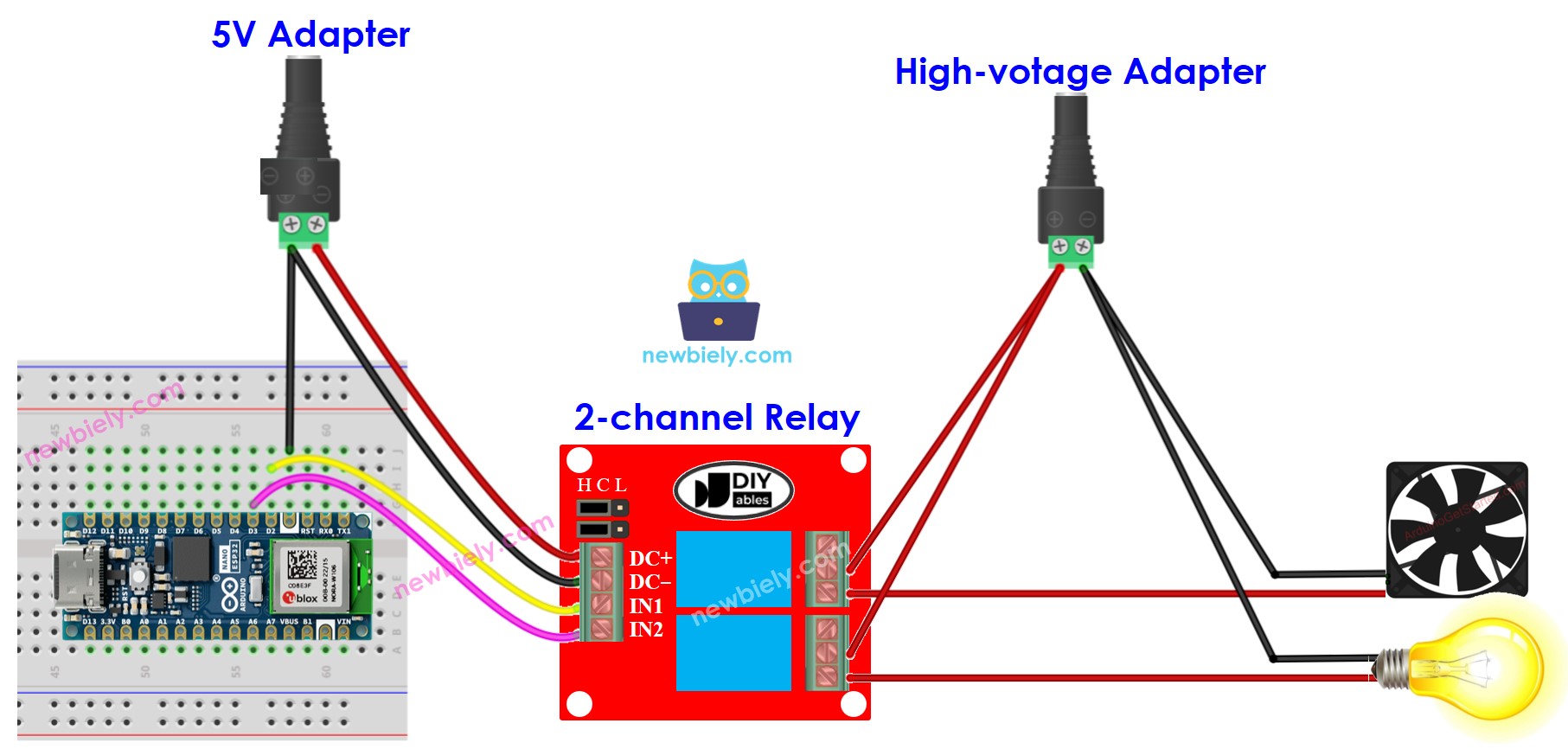 Arduino Nano ESP32 2-channel relay module wiring diagram