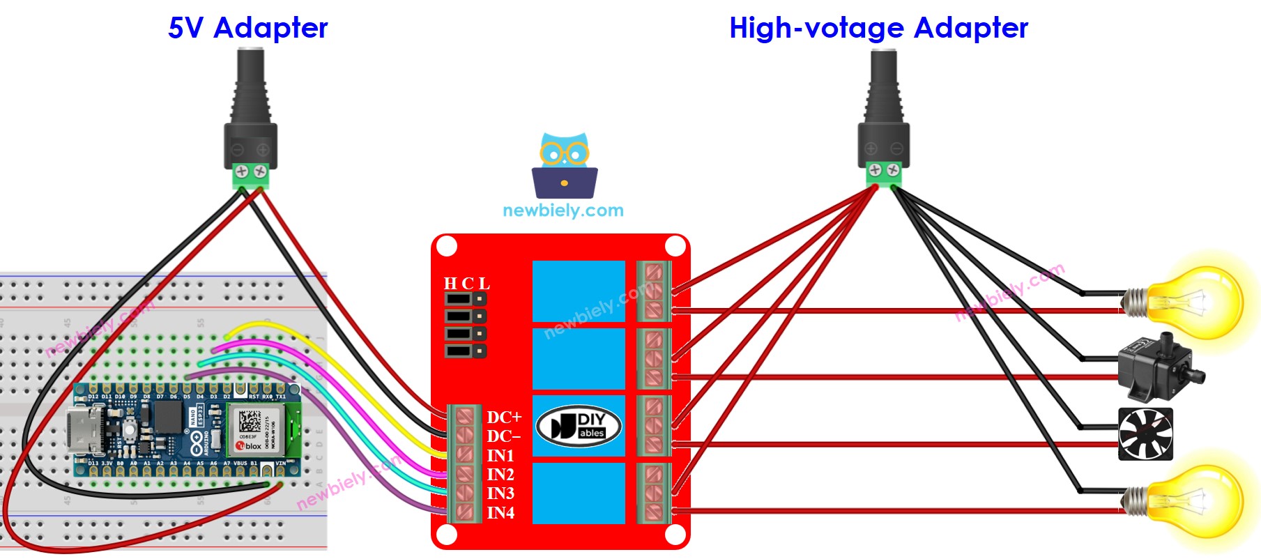 아두이노 나노 ESP32 4-channel 릴레이 module 연결 배선도 two power source