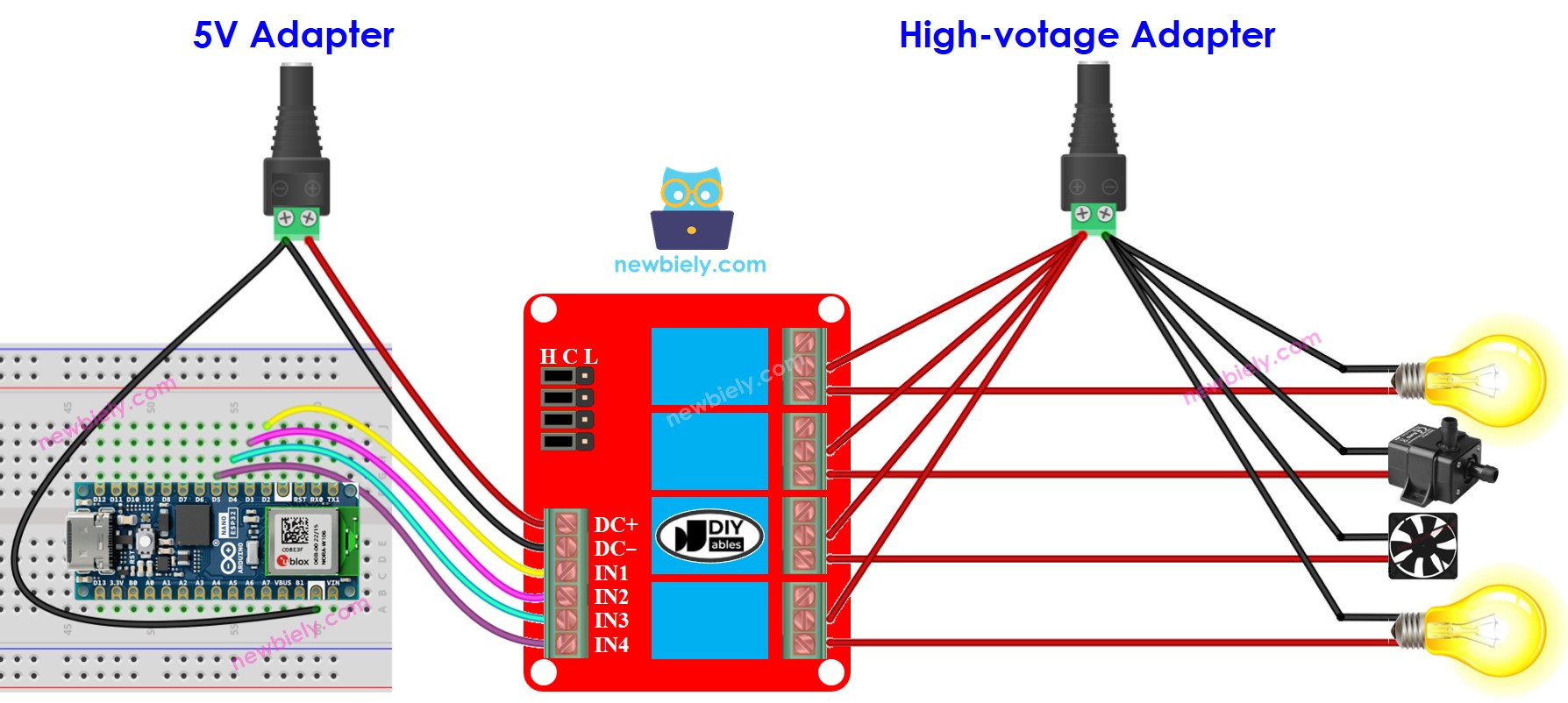 Arduino Nano ESP32 4-channel relay module wiring diagram