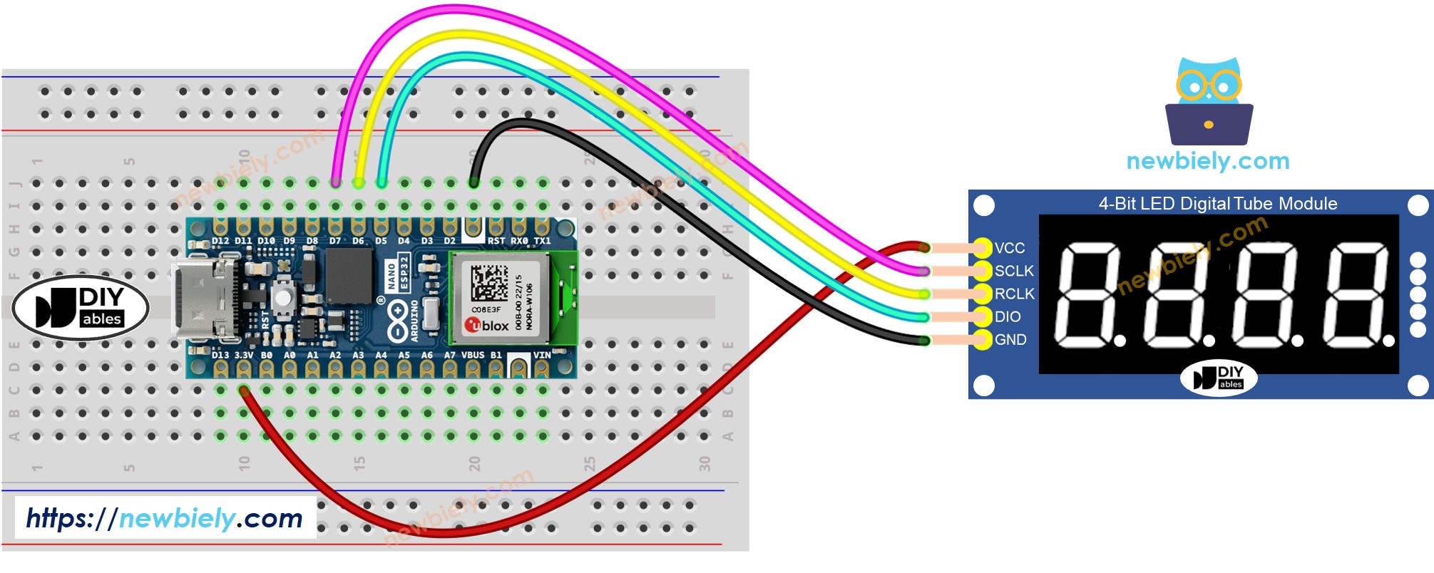 Arduino Nano ESP32 74HC595 Module wiring diagram