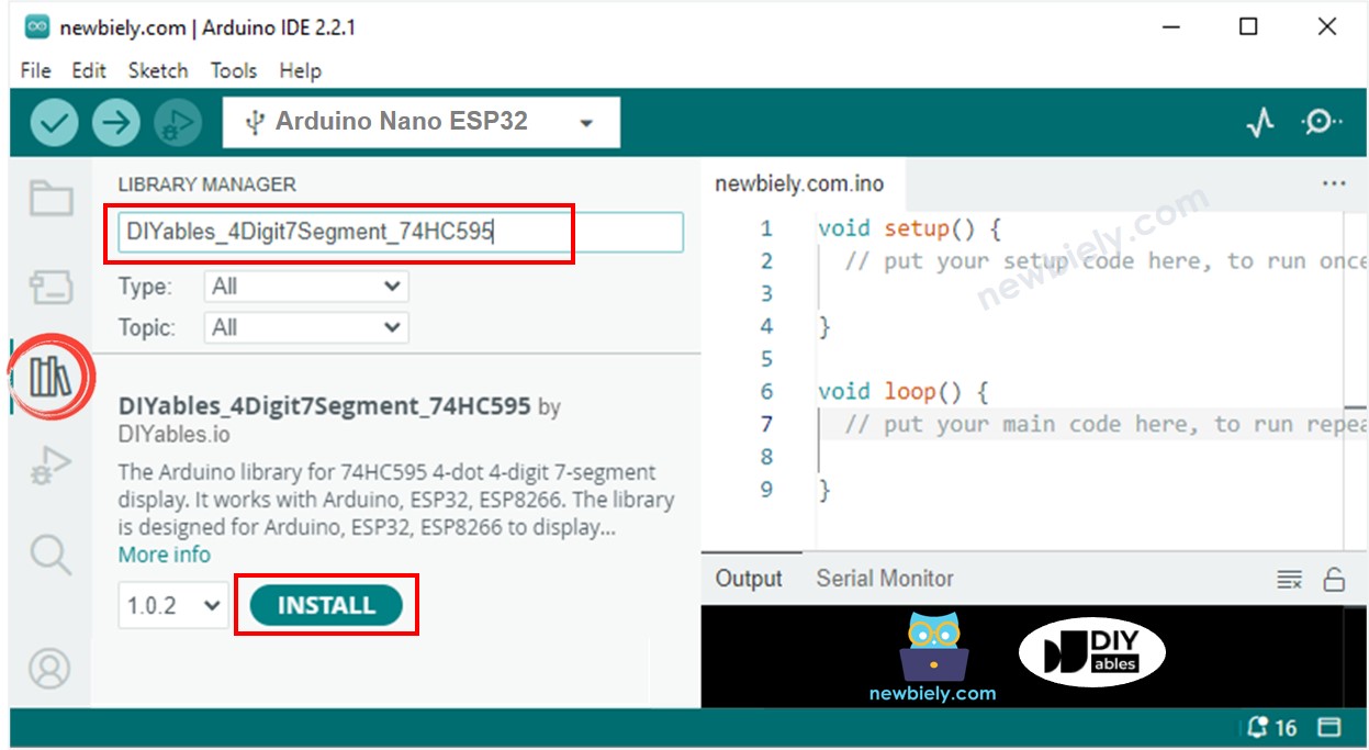 Arduino Nano ESP32 74HC595 4-digit 7-segment display library