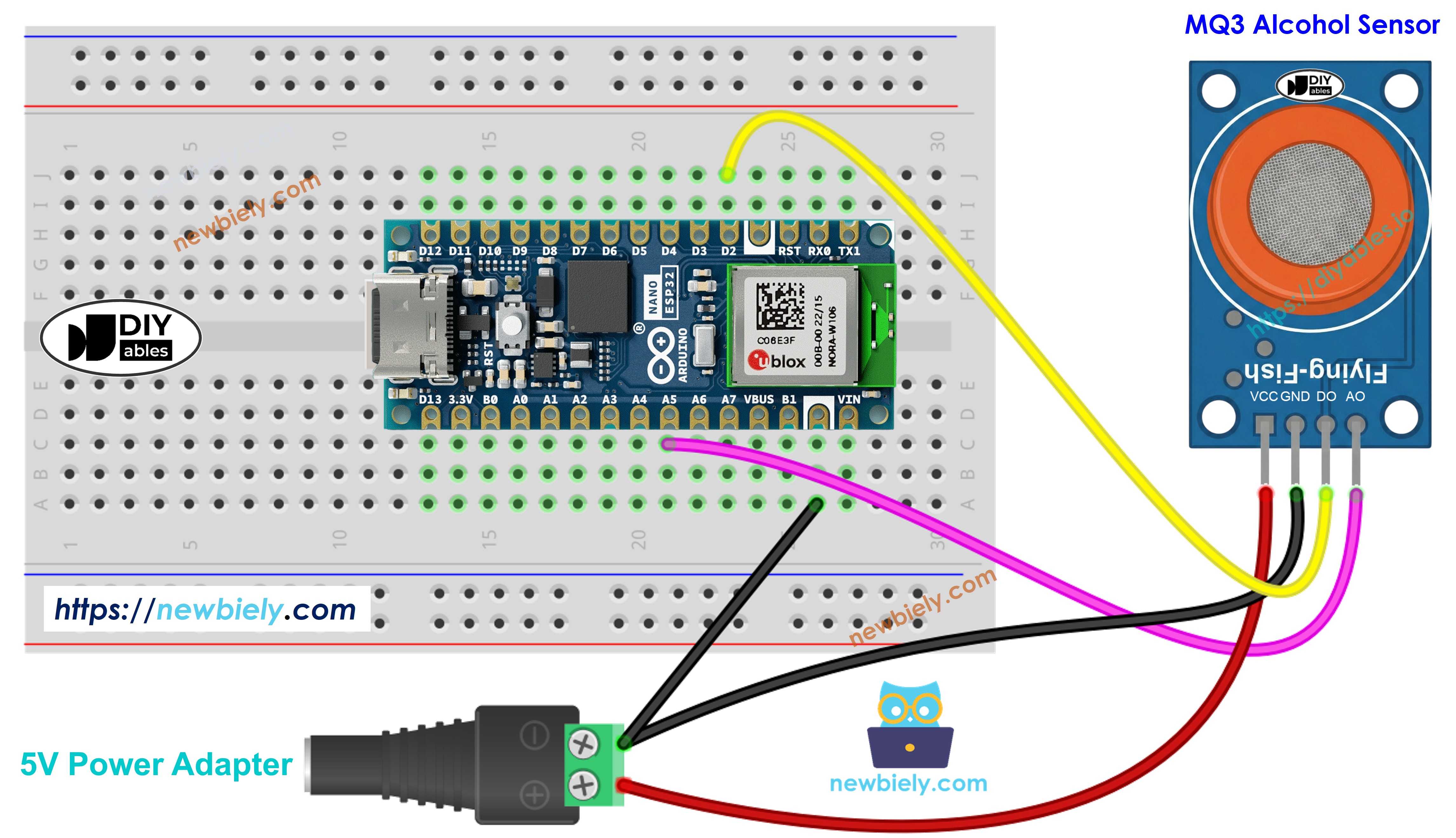 아두이노 나노 ESP32 알코올 감지기 배선 다이어그램