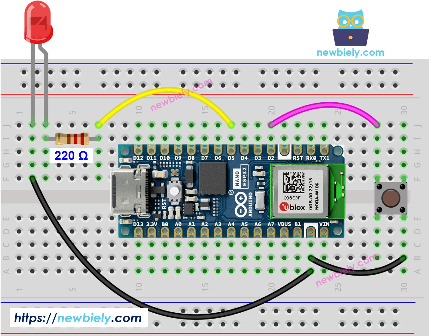 Arduino Nano ESP32 LED button Wiring Diagram