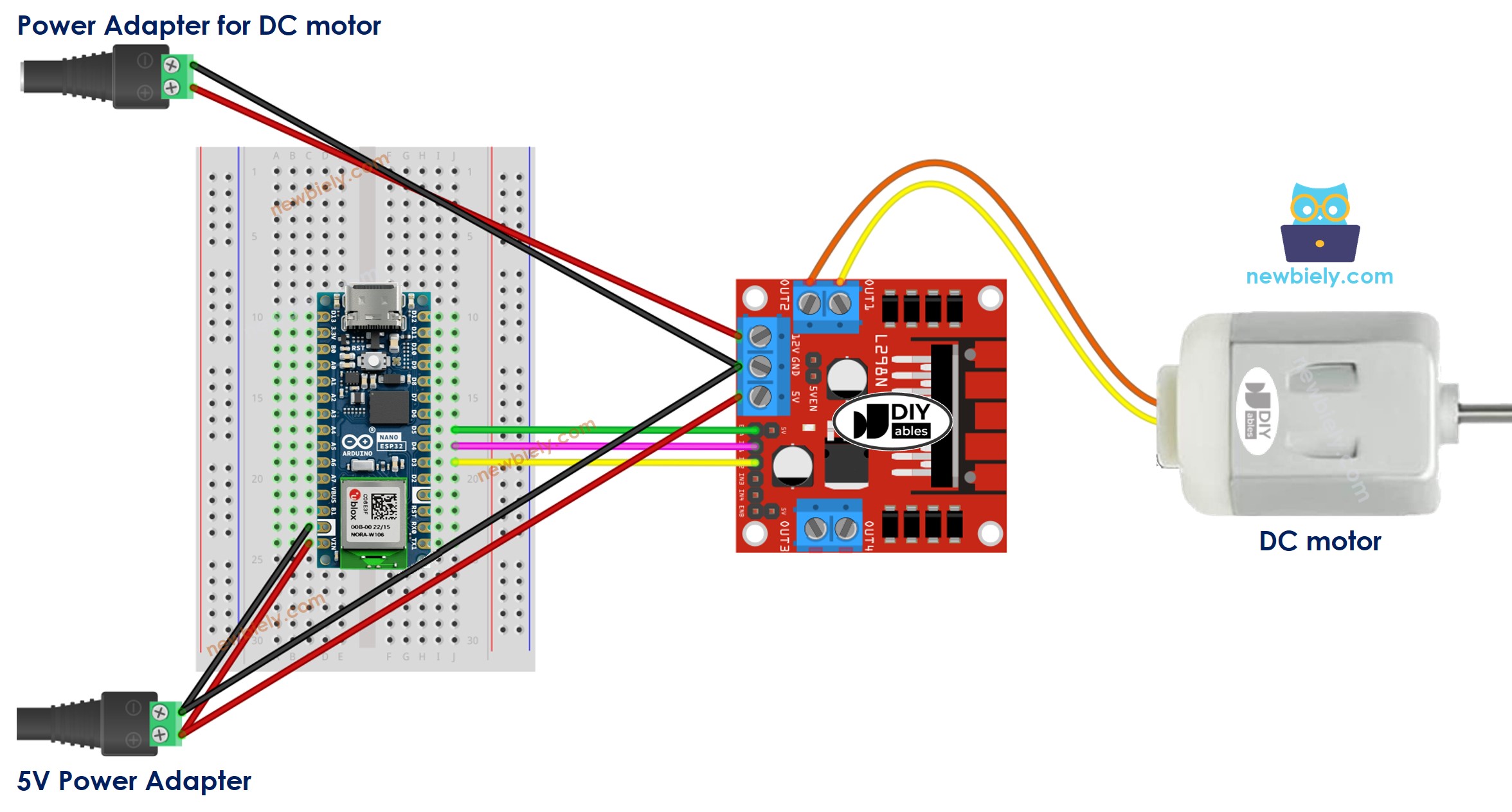 Arduino Nano ESP32 DC Motor L298N Driver Wiring Diagram