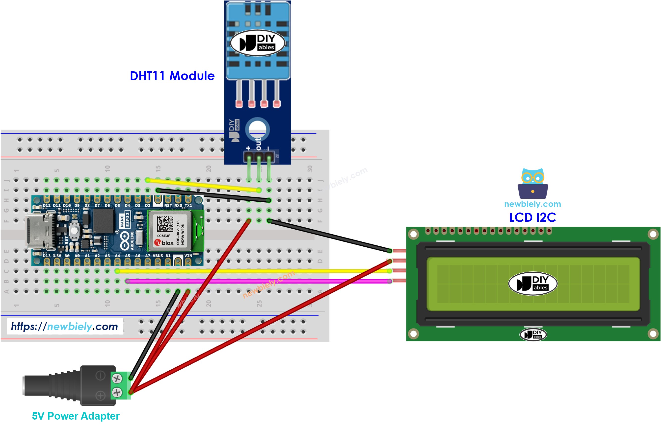 Arduino Nano ESP32 DHT11 LCD I2C Wiring Diagram