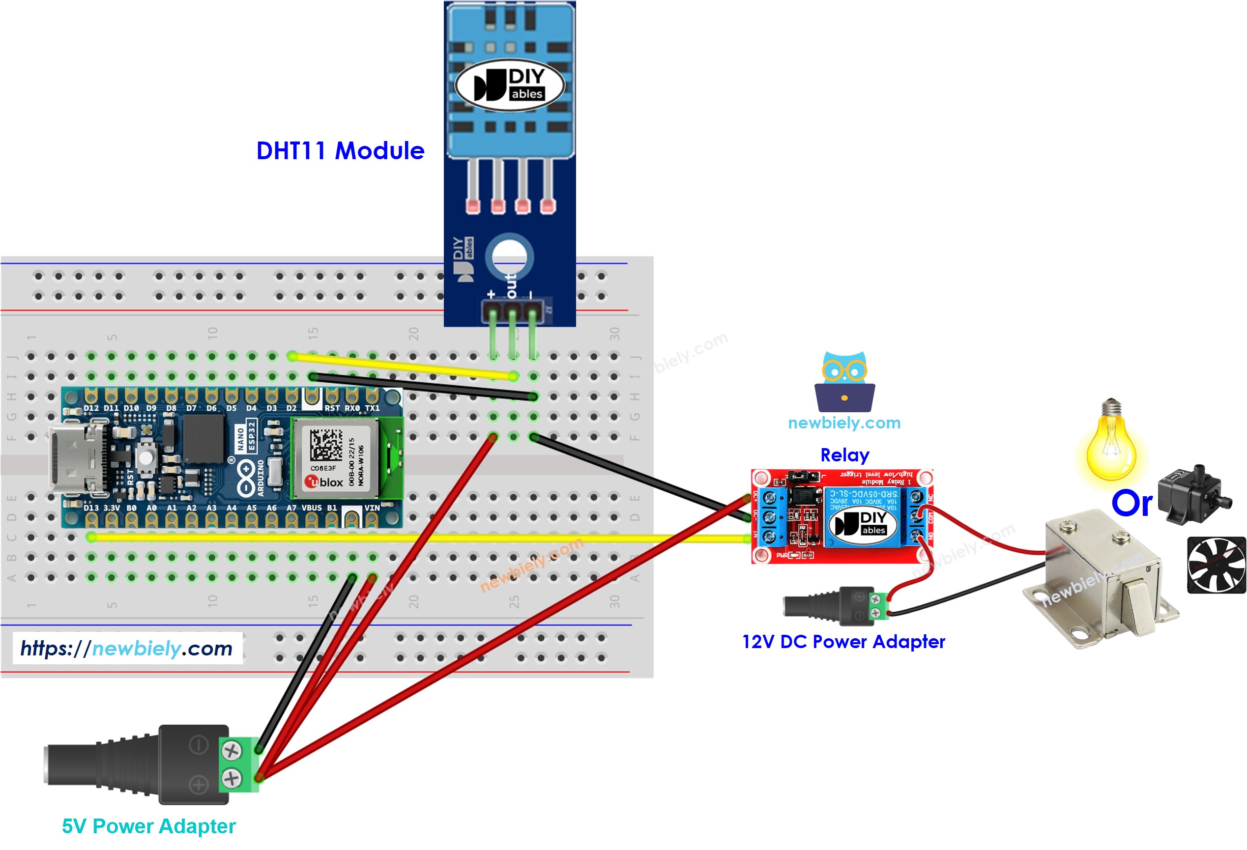 Arduino Nano ESP32 dht11 sensor relay wiring diagram