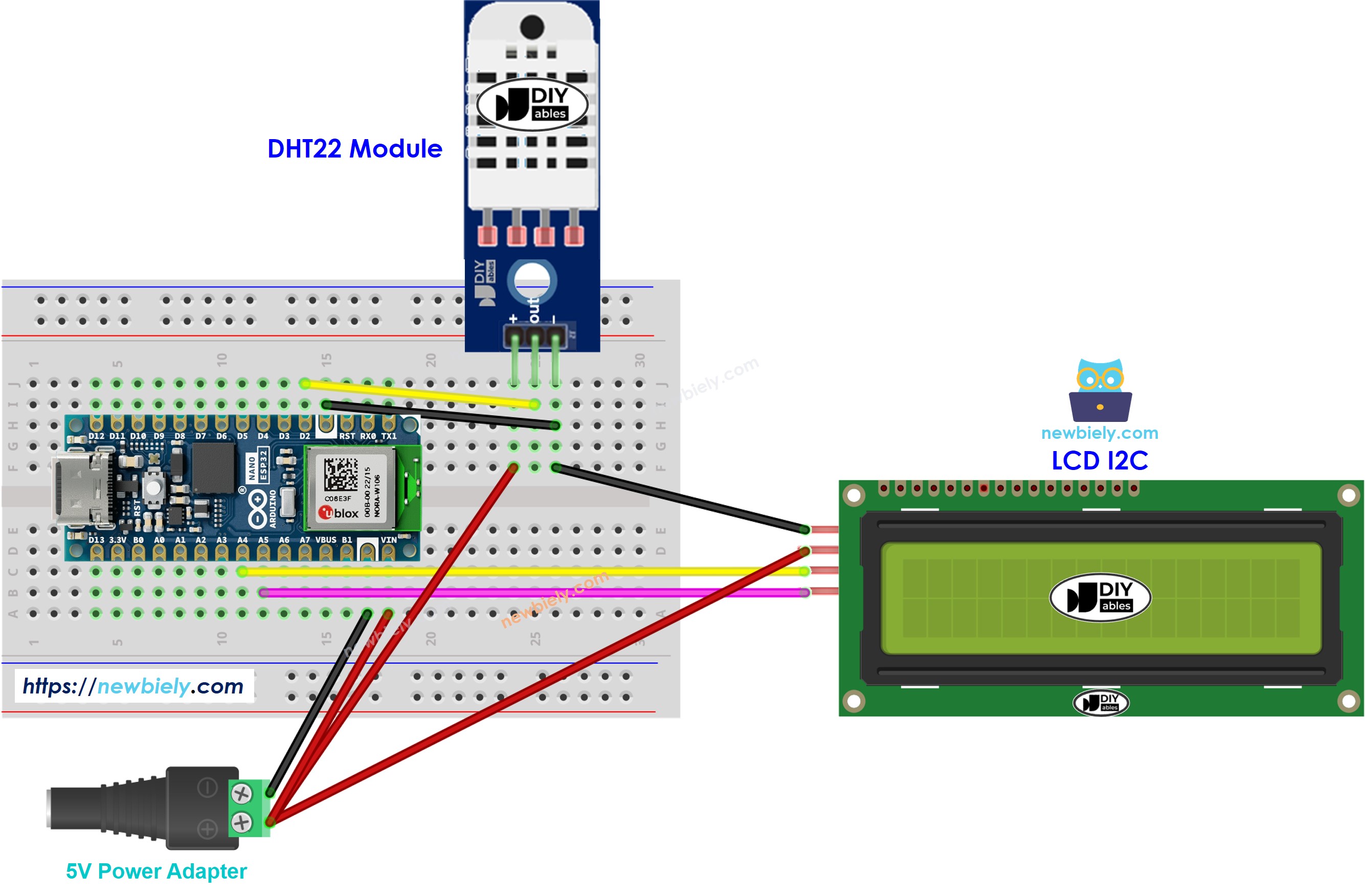 Arduino Nano ESP32 DHT22 LCD I2C Wiring Diagram