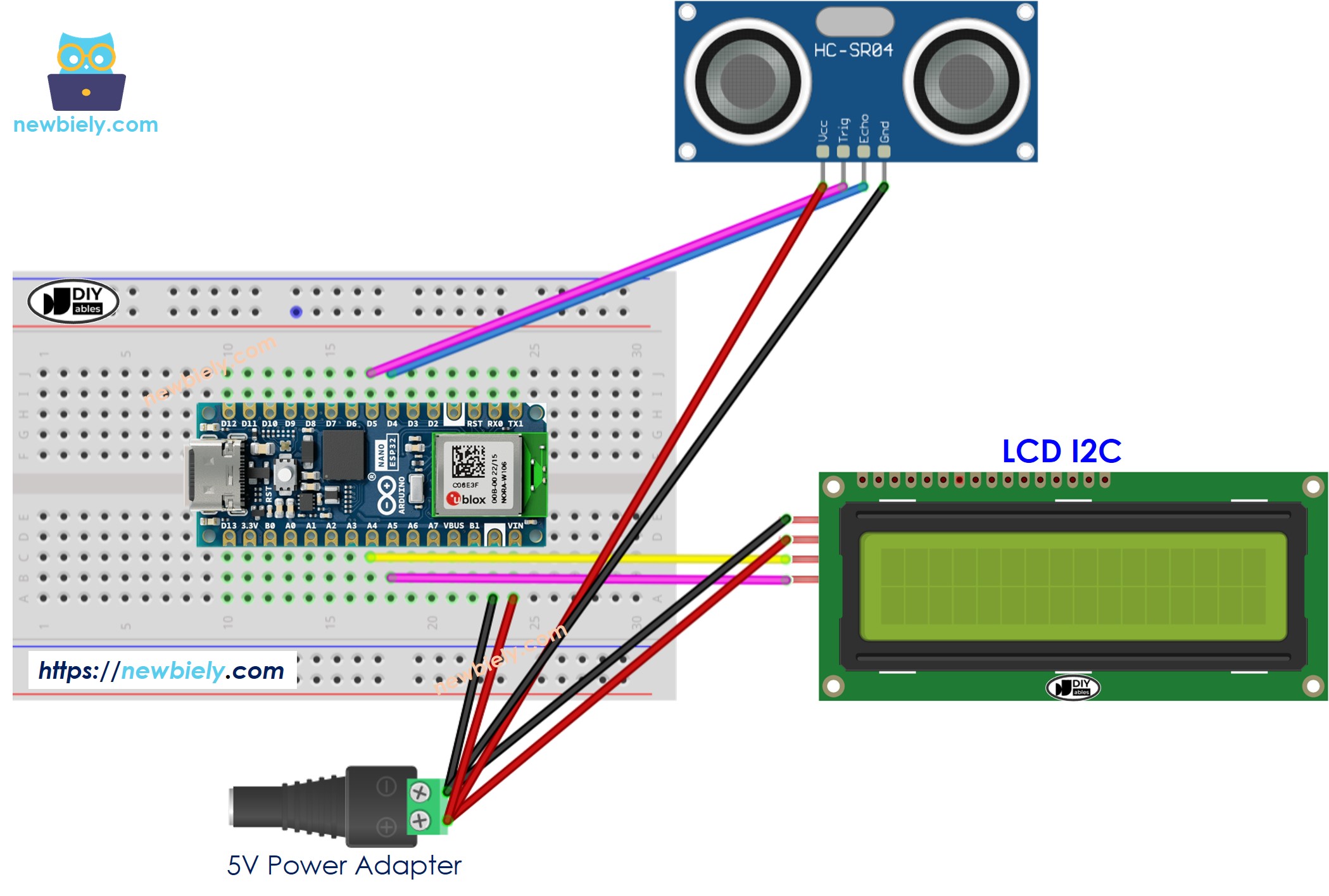 Arduino Nano ESP32 Ultrasonic Sensor LCD Wiring Diagram