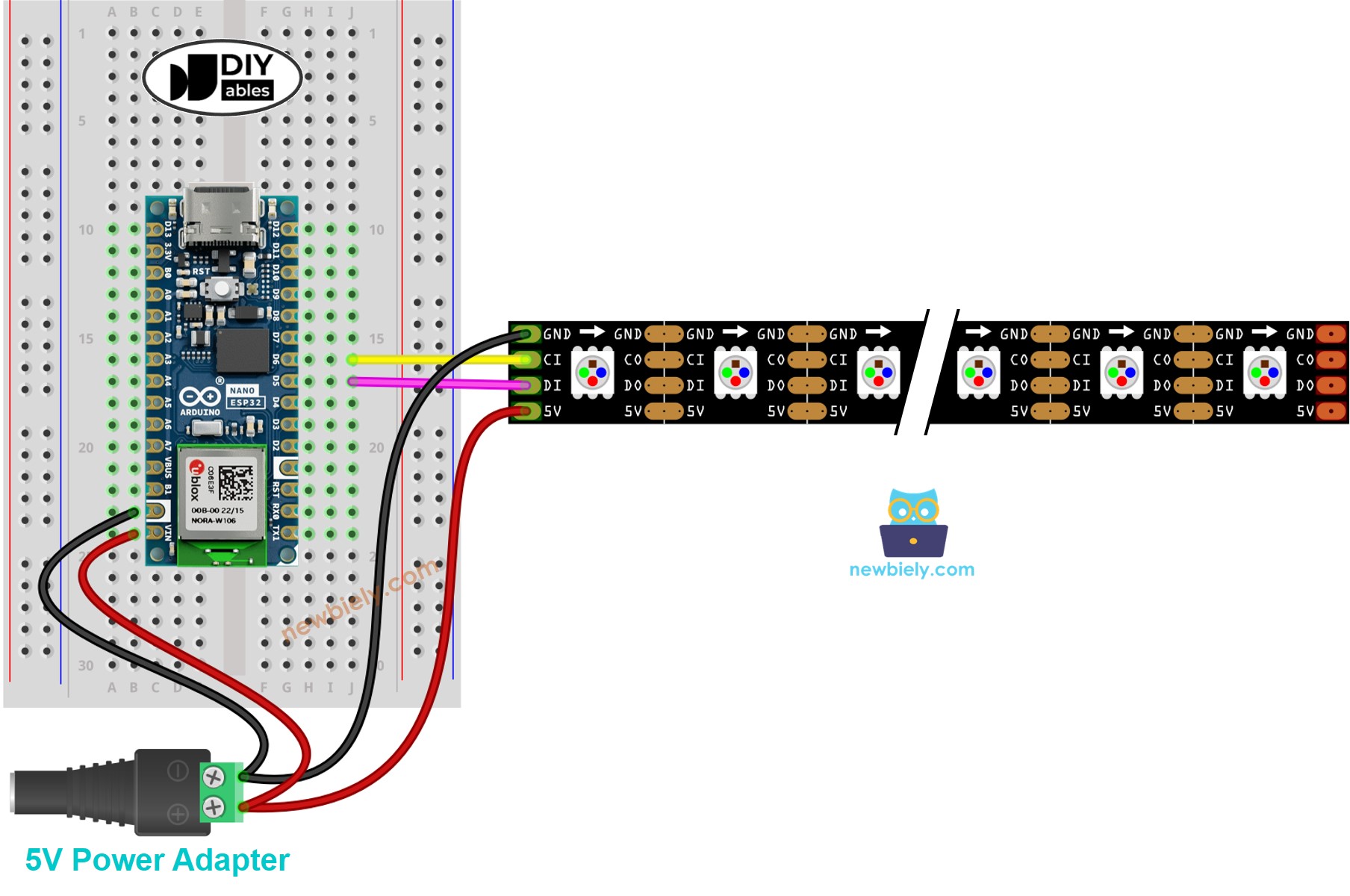 Arduino Nano ESP32 DotStar RGB LED strip Wiring Diagram