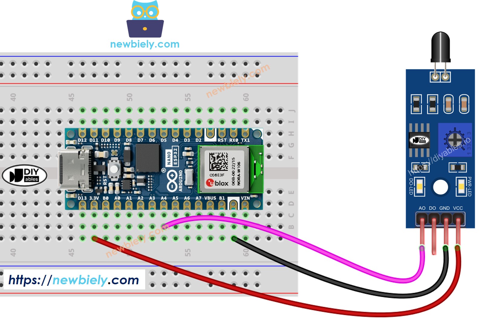 Arduino Nano ESP32 fire sensor wiring diagram