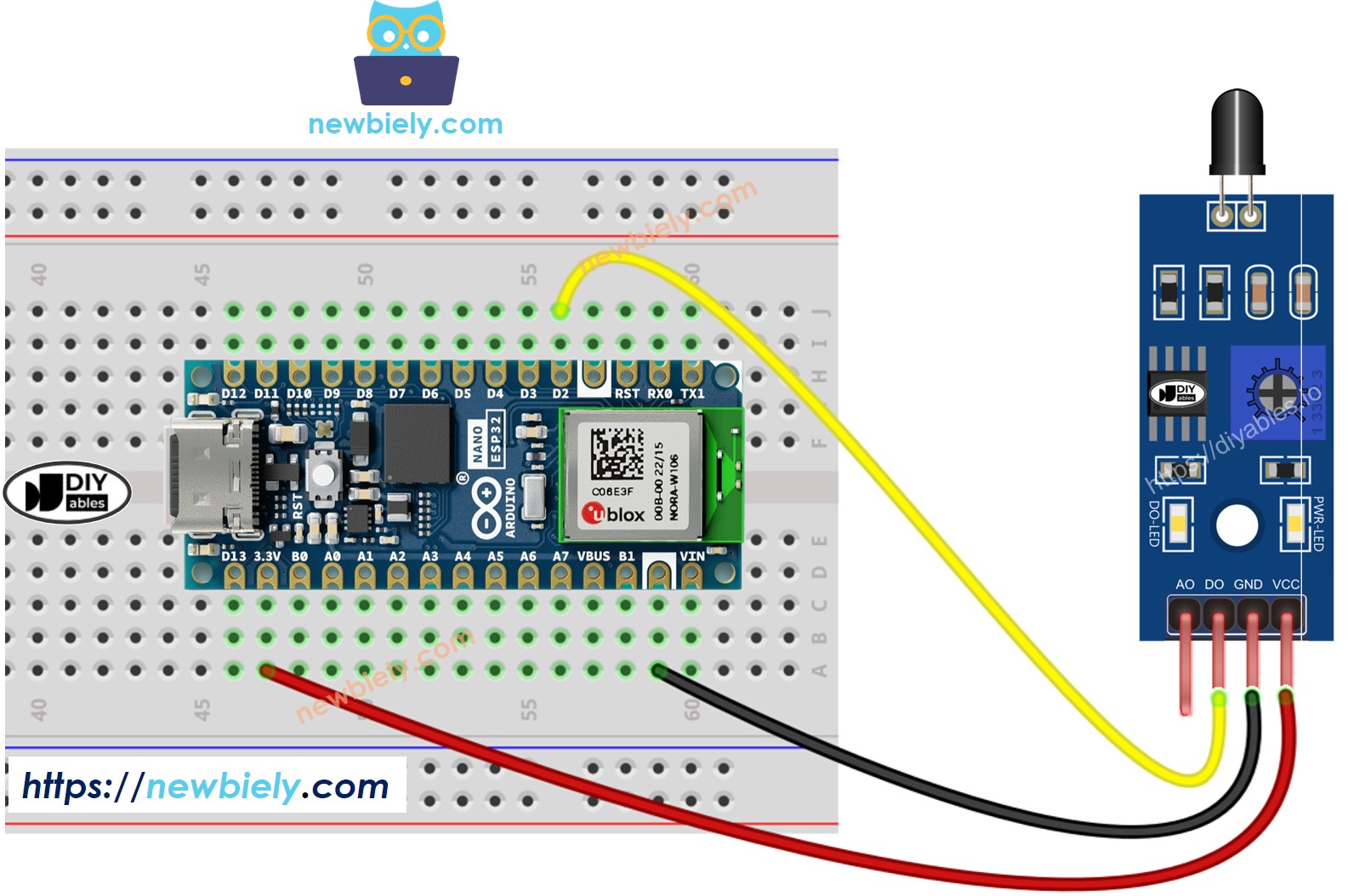 Arduino Nano ESP32 Flame Sensor wiring diagram