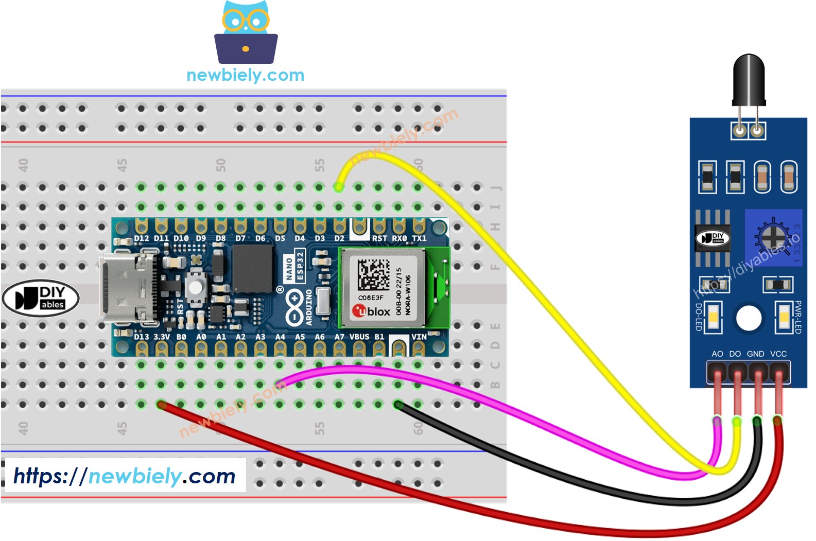 Arduino Nano ESP32 infrared flame sensor wiring diagram