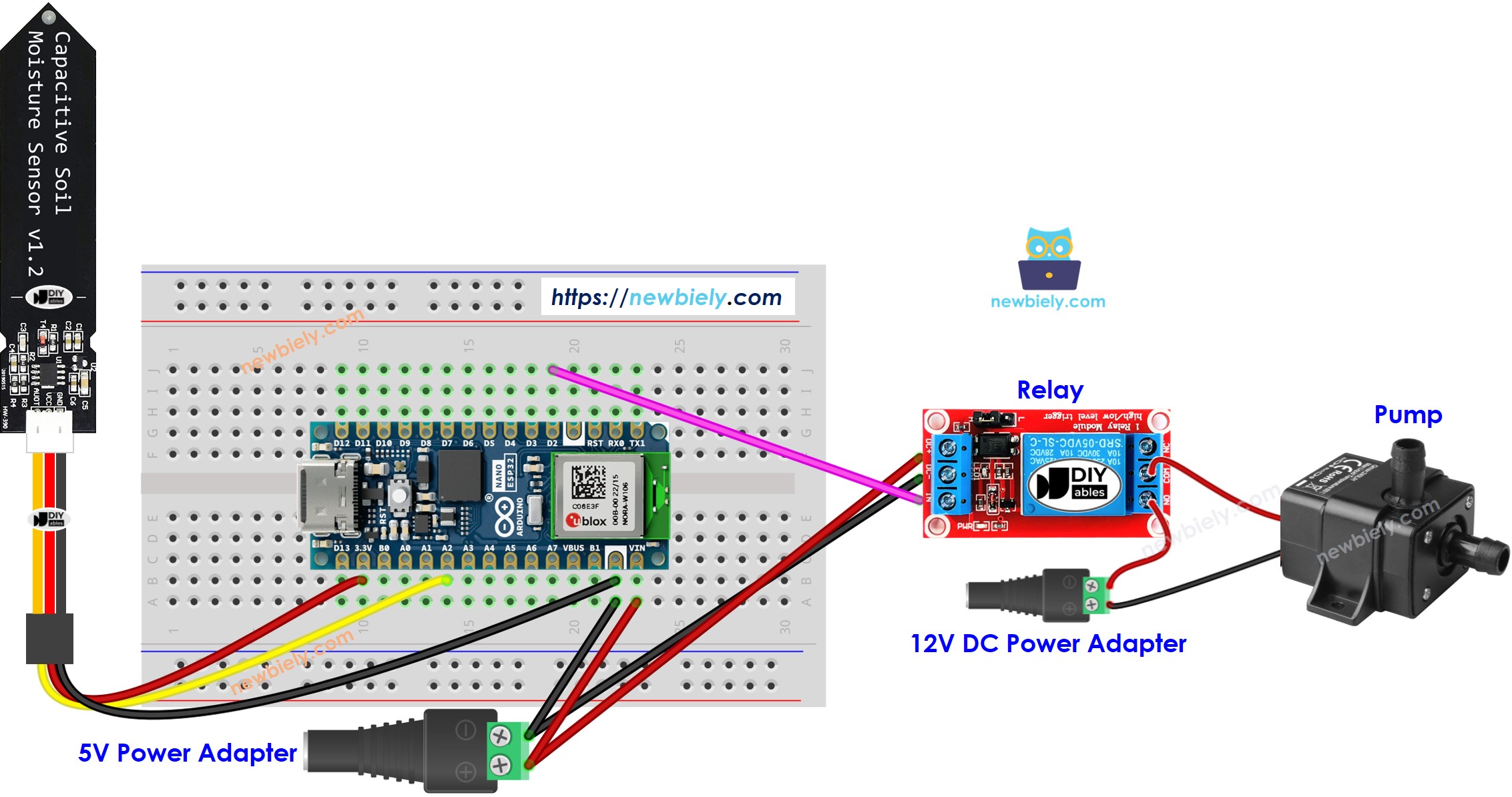 Arduino Nano ESP32 soil moisture sensor Pump wiring diagram