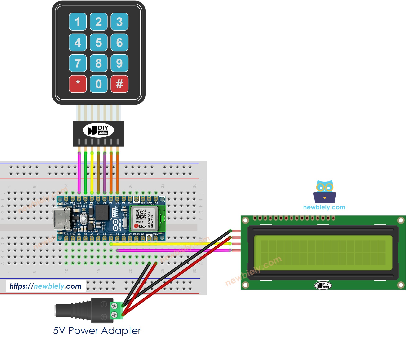 Arduino Nano ESP32 Keypad LCD Wiring Diagram