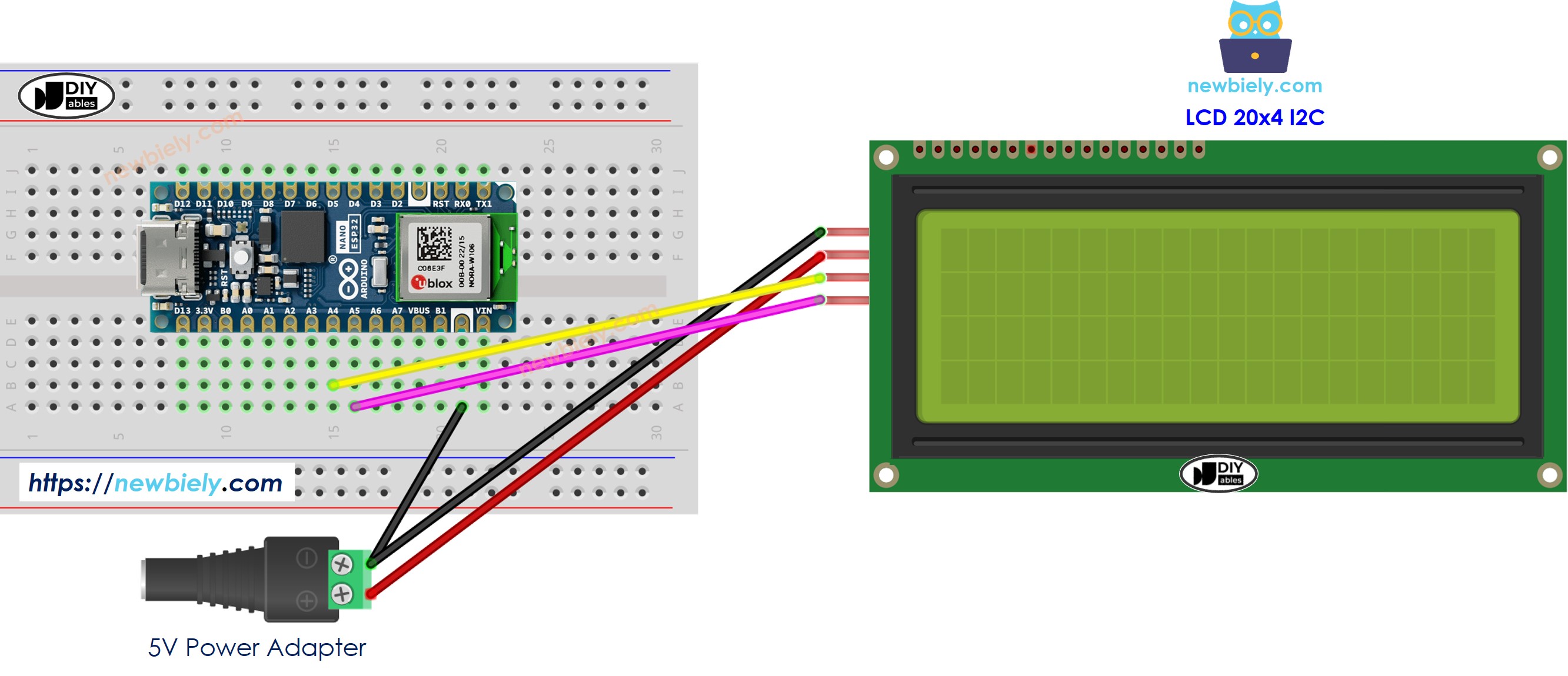 Arduino Nano ESP32 LCD 20x4 I2C wiring diagram